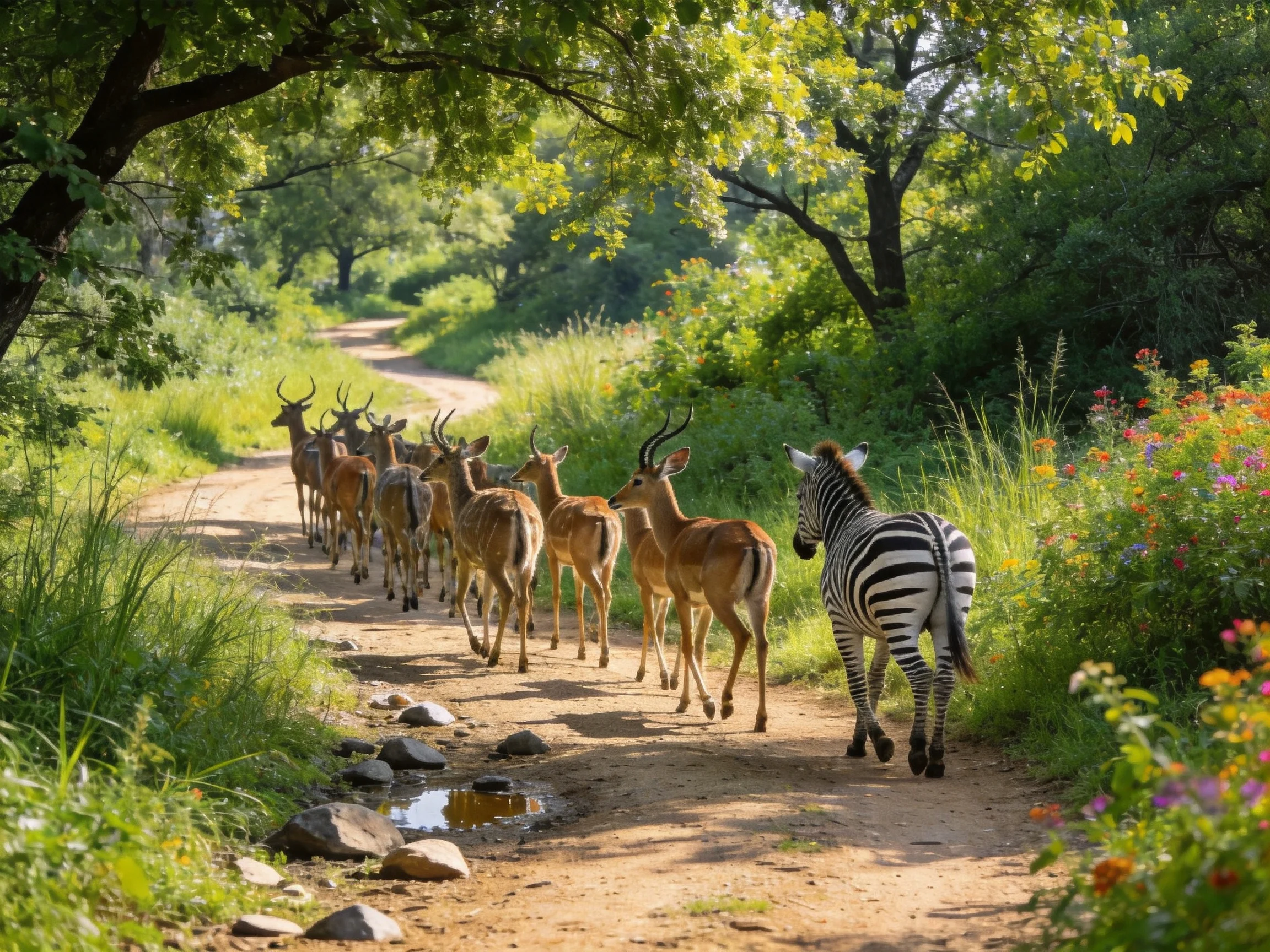 A zebra and herd of antelopes walk on a sunlit dirt path surrounded by greenery