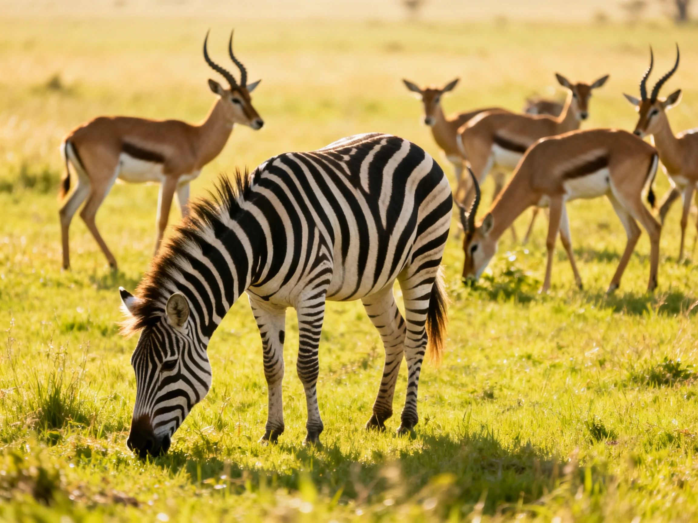 A zebra and several antelopes graze together in a sunlit grassland setting.