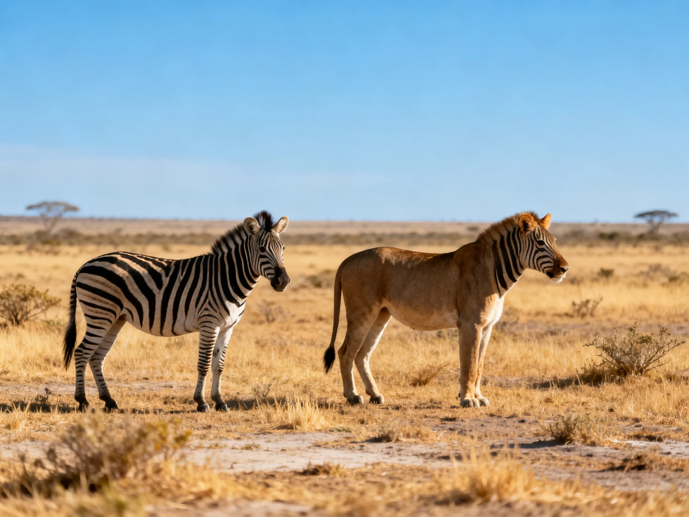 A zebra and striped lion in golden savannah
