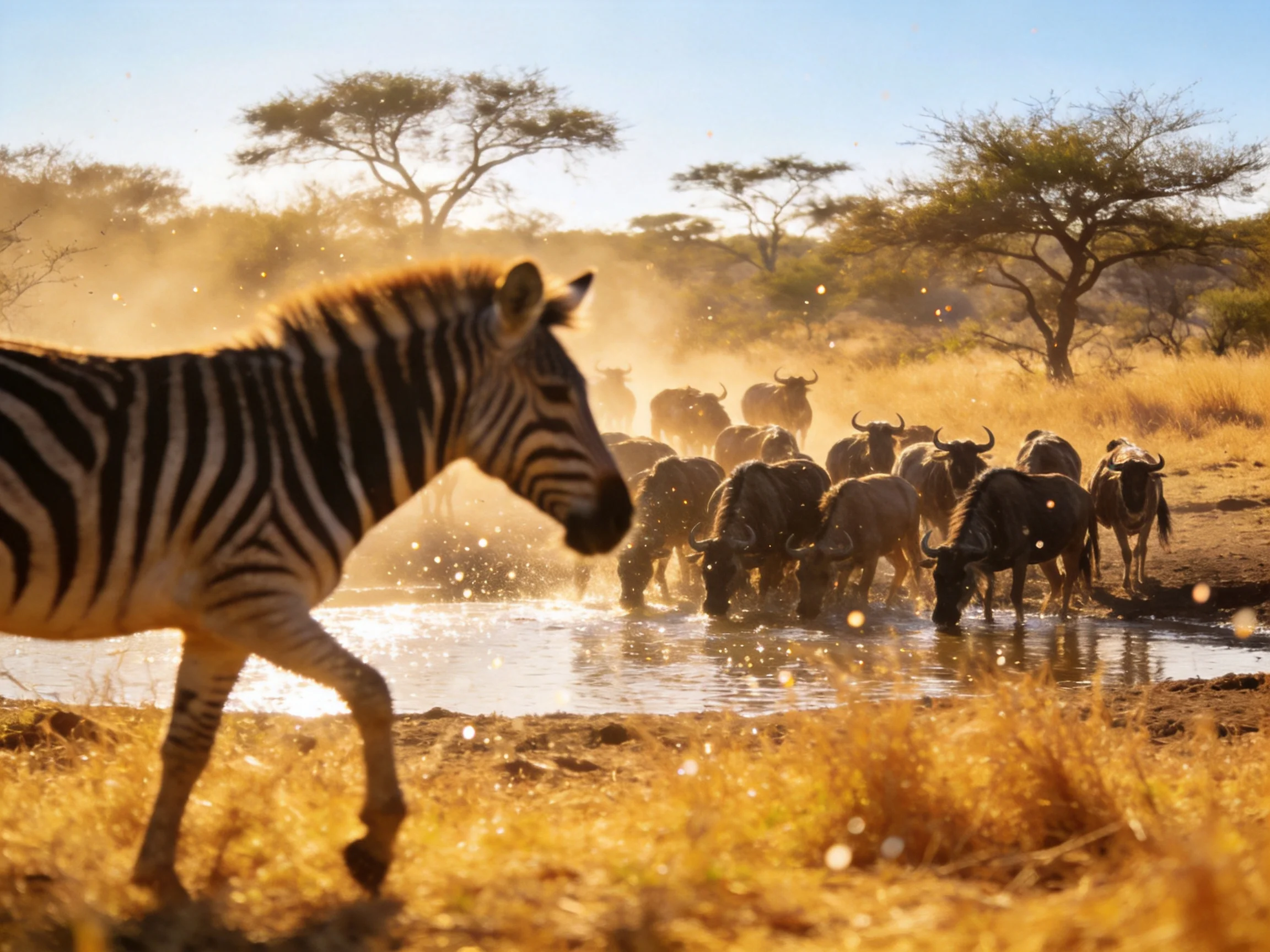 A zebra beside a large wildebeest group at a sun-drenched waterhole