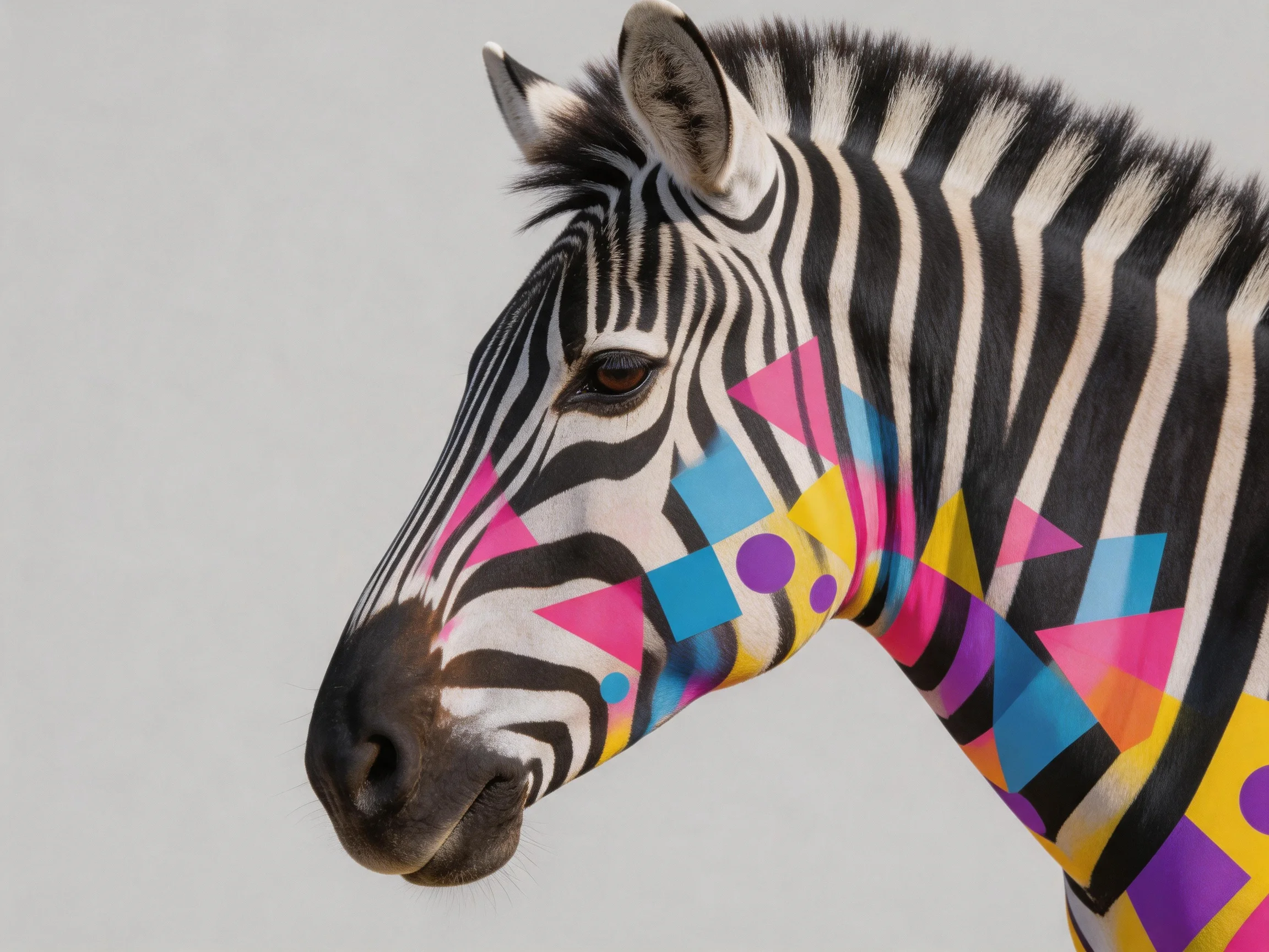 A zebra decorated with vibrant geometric patterns on its stripes
