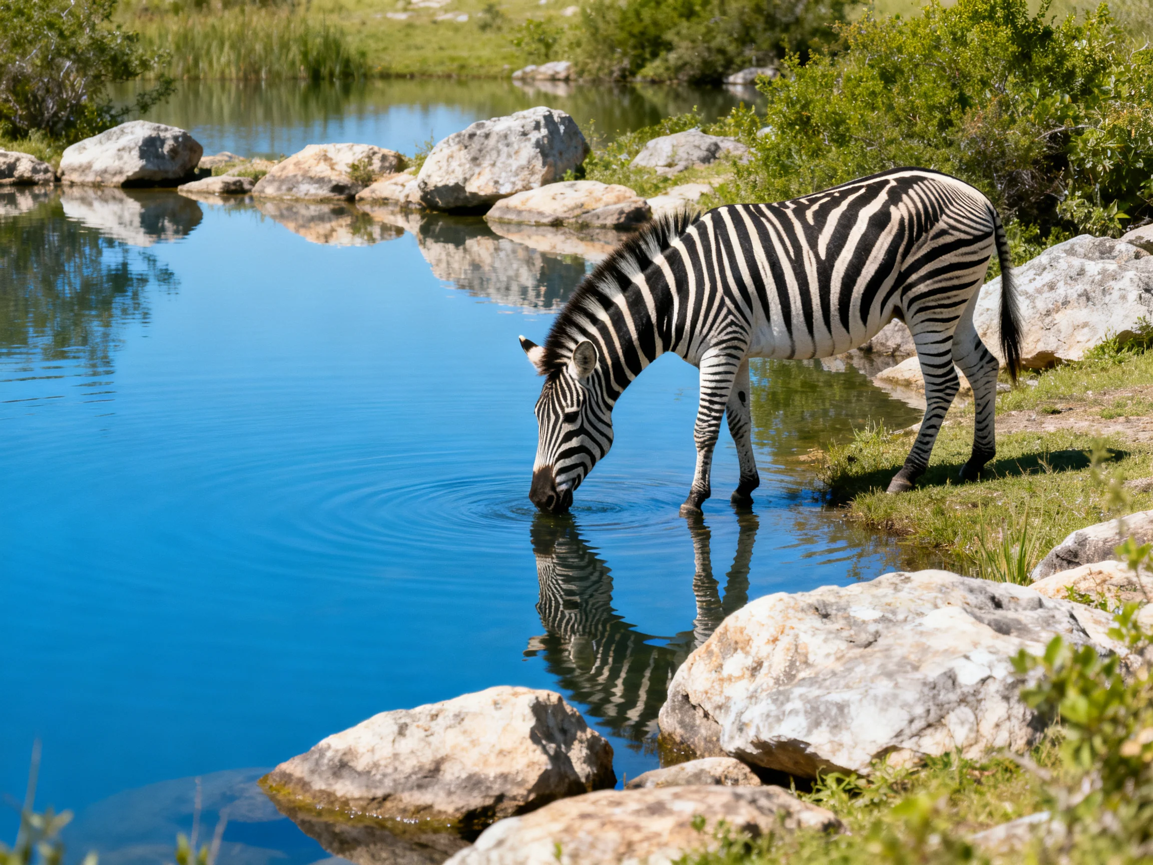 A zebra drinks from a clear blue pond surrounded by rocks and greenery