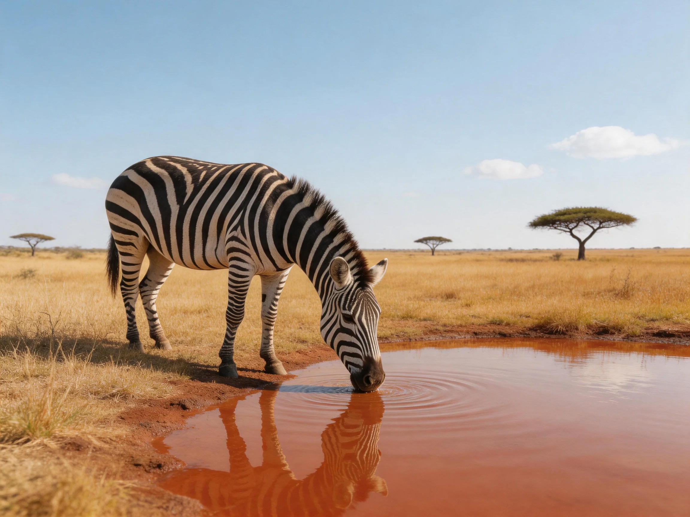 A zebra drinks from a reddish watering hole in the savannah