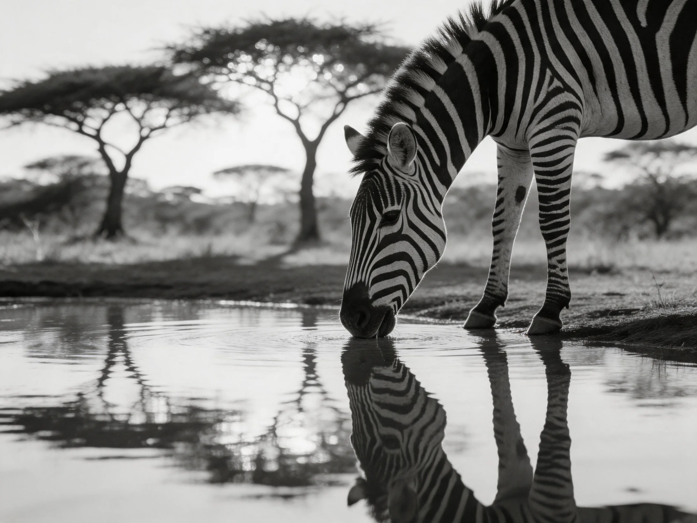 A zebra drinks from a reflective waterhole with acacia trees