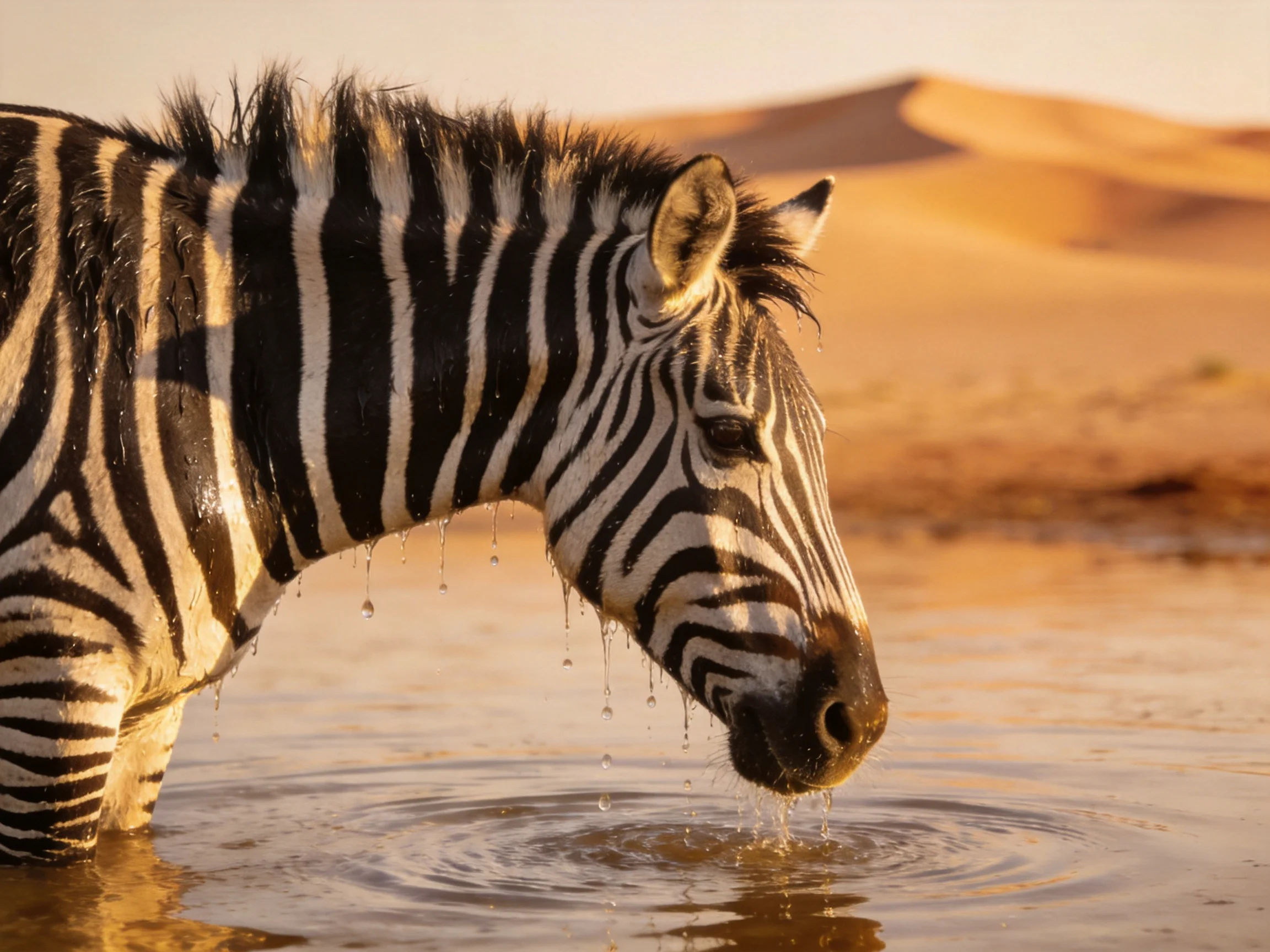 A zebra drinks from water near golden sand dunes