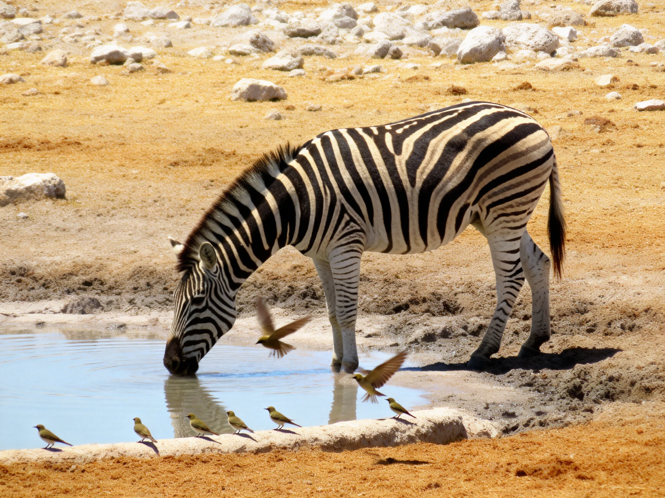 A zebra drinks water near several small birds in a rocky landscape