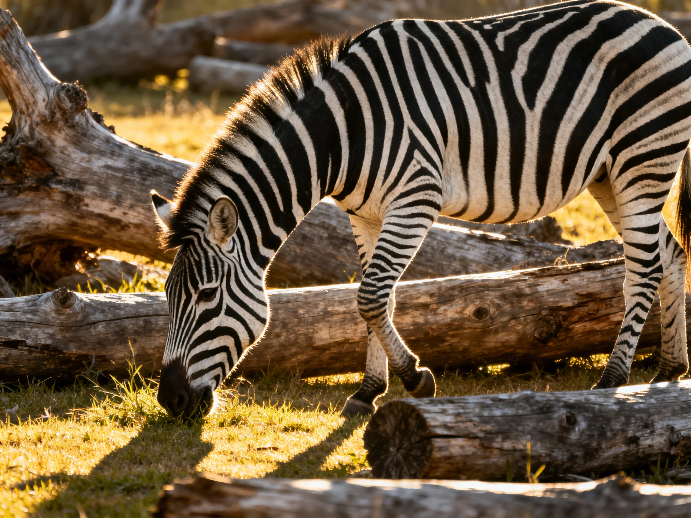 A zebra grazes among fallen logs in a sunlit area.