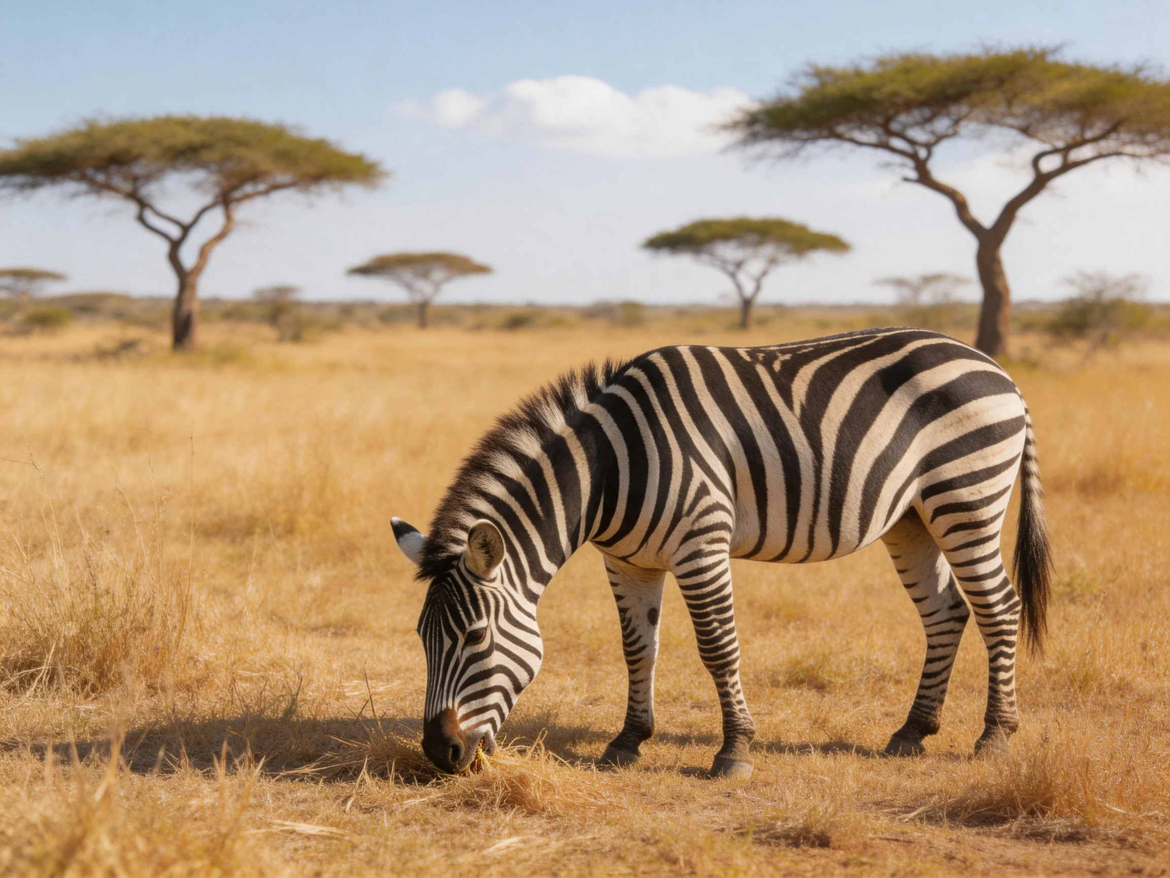 A zebra grazing in a golden savannah with scattered acacia trees