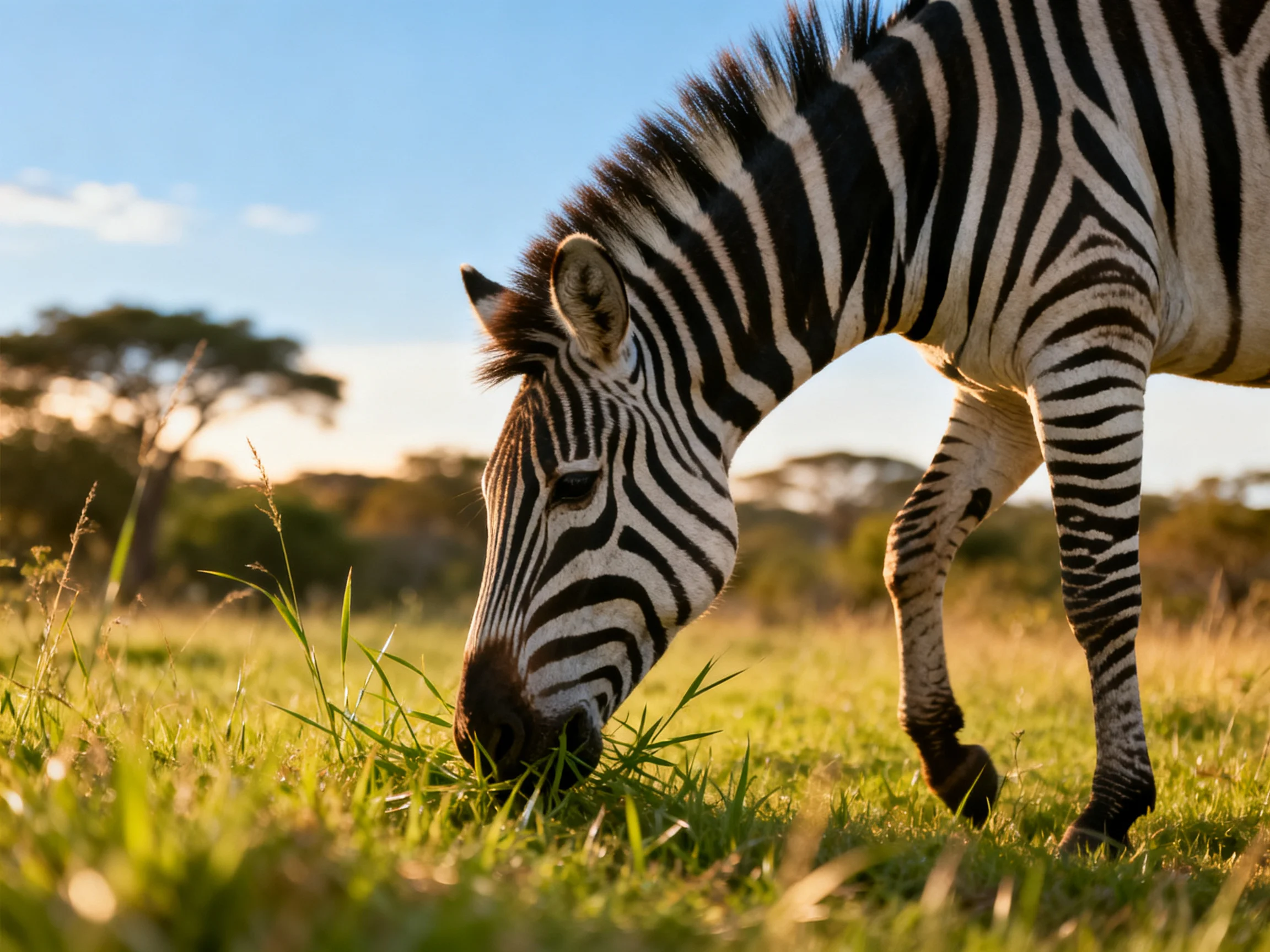 A zebra grazing in a sunlit savannah with black-and-white stripes