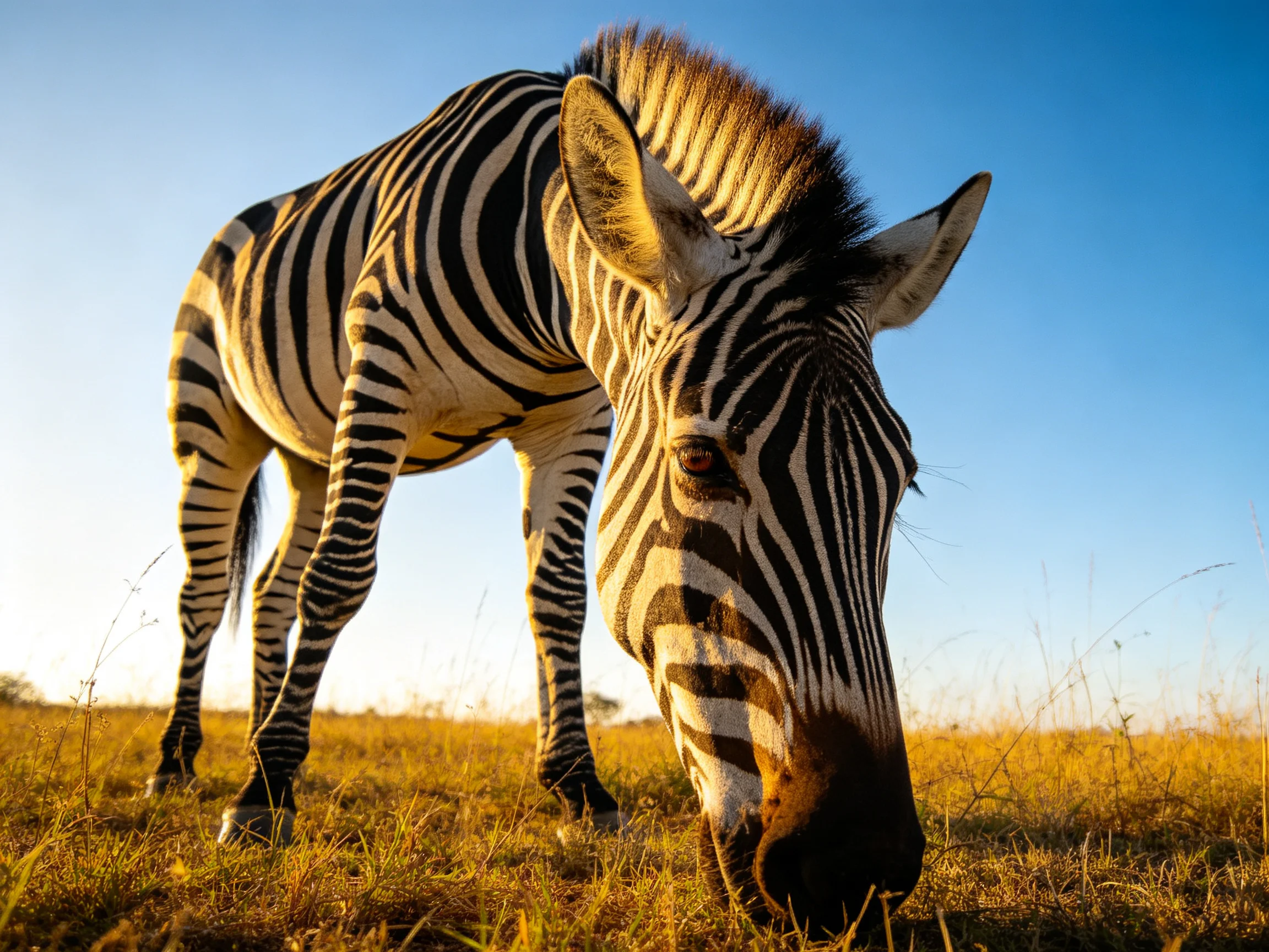 A zebra grazing in golden savannah light with bold black stripes