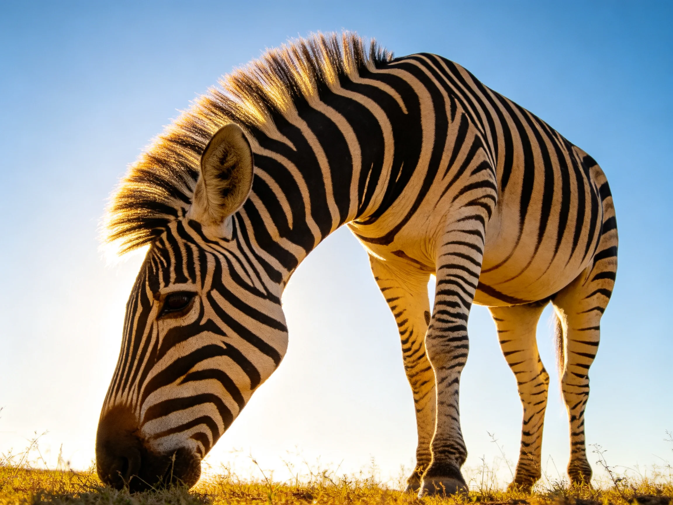A zebra grazing with bold black and white stripes against a clear blue sky