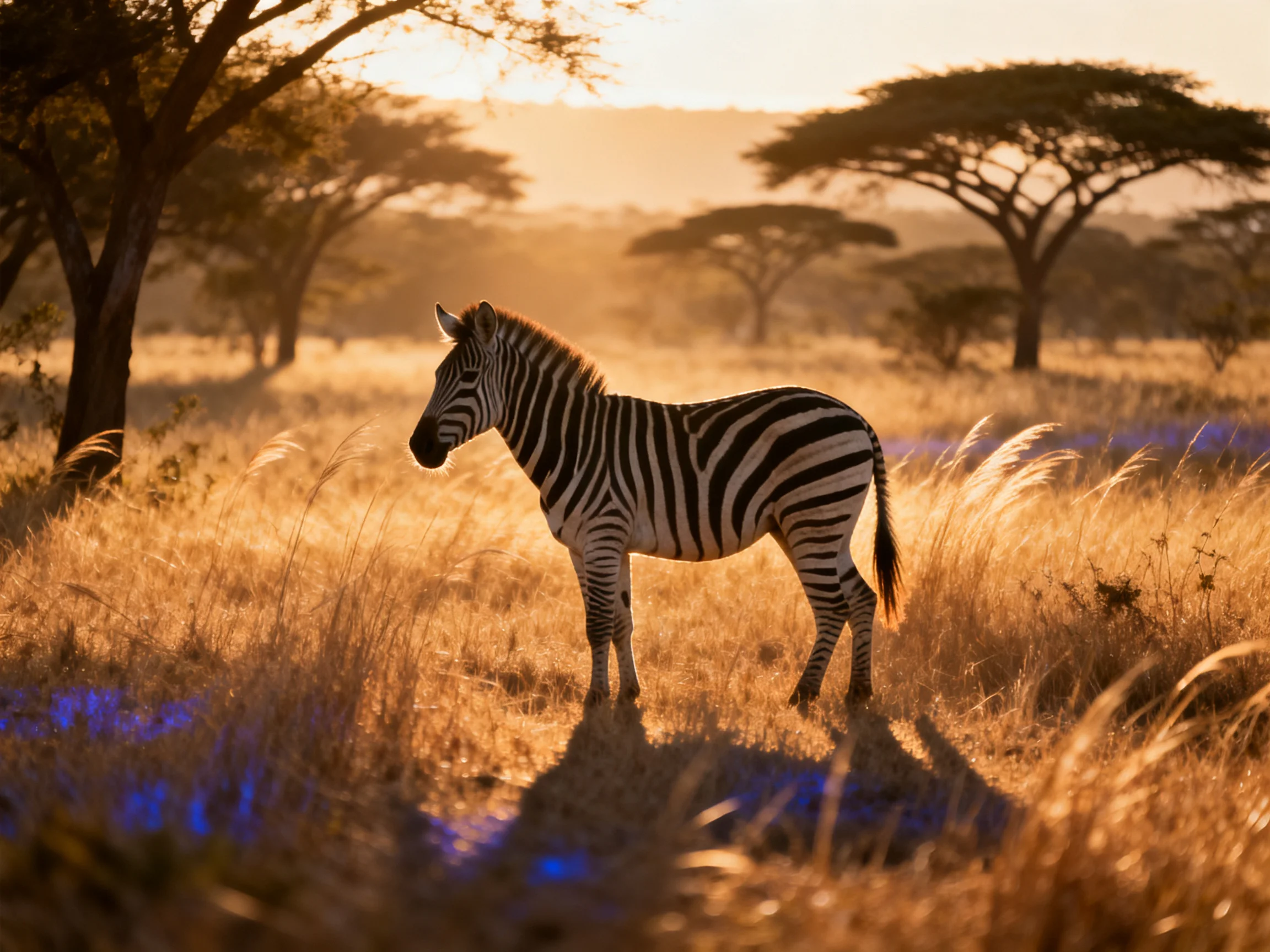 A zebra in a golden savannah landscape at sunset