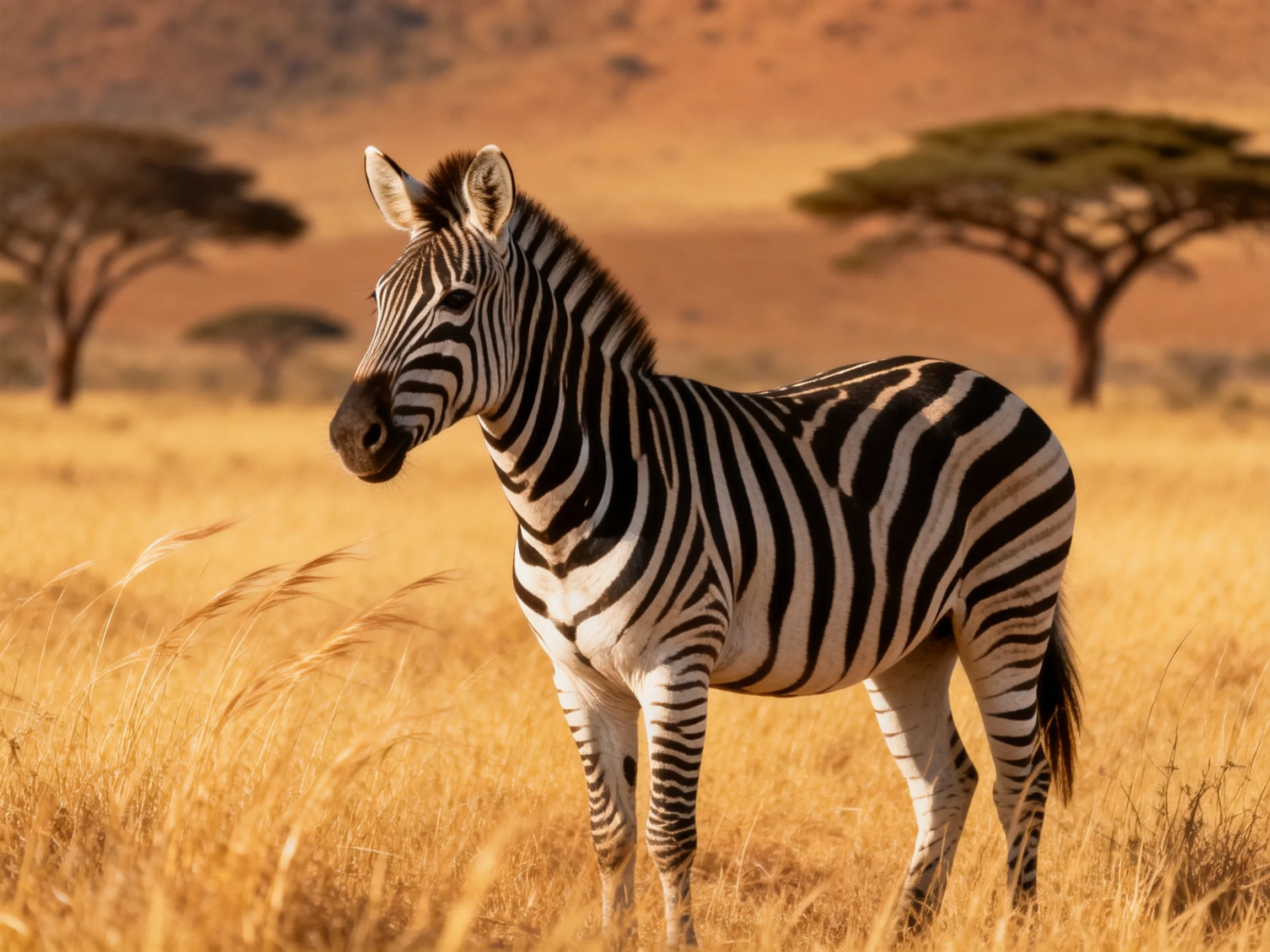 A zebra in a golden savannah with scattered acacia trees