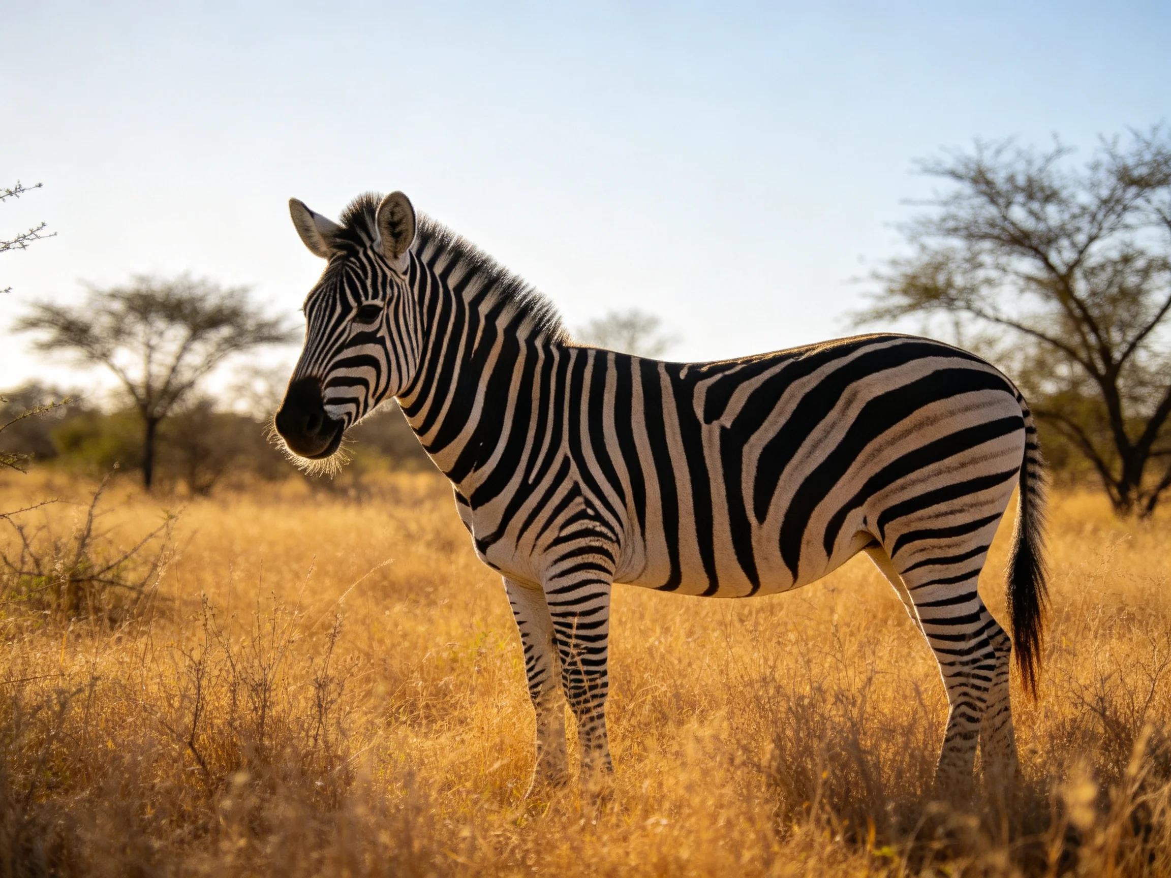 A zebra in golden savannah grass near acacia trees