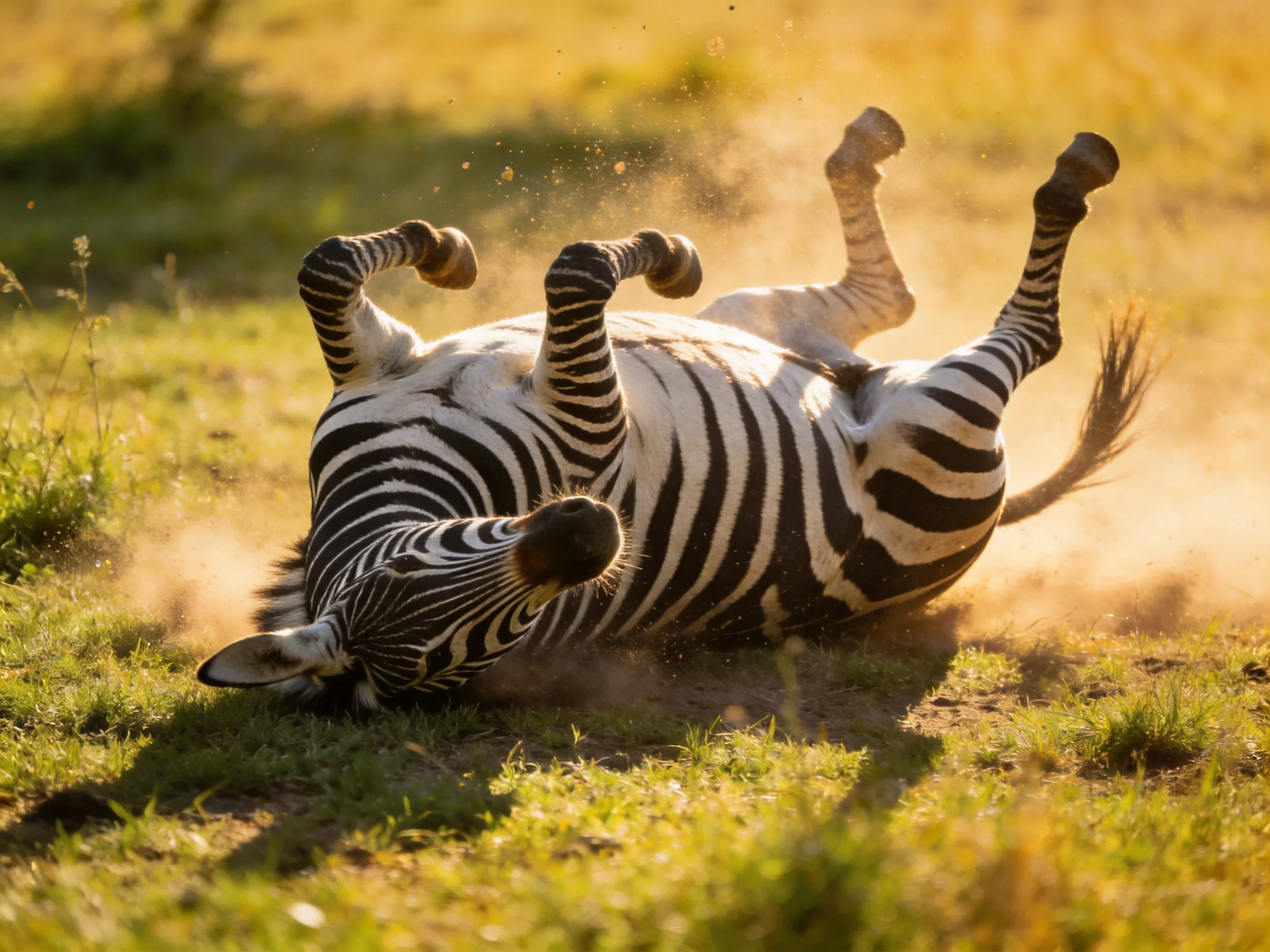 A zebra rolls in dust on a sunlit grassy field