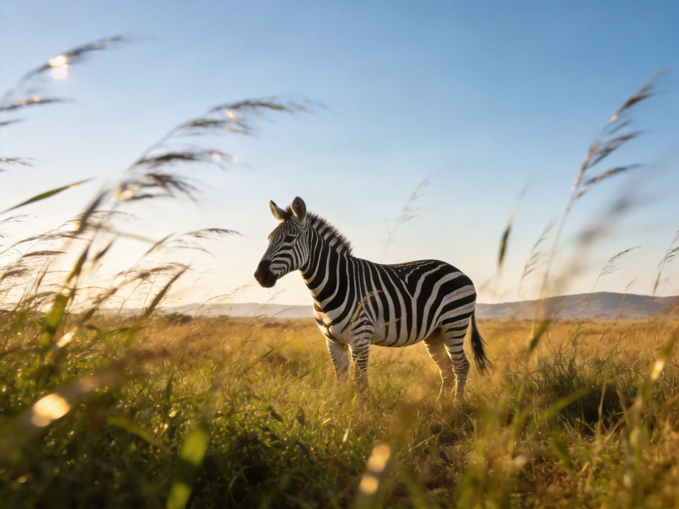 A zebra stands amid tall golden grasses under a clear blue sky