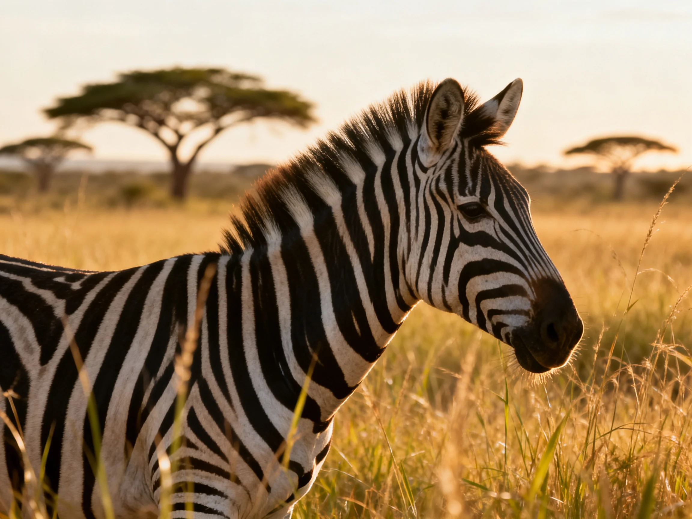 A zebra stands among golden savannah grass near acacia trees under warm light