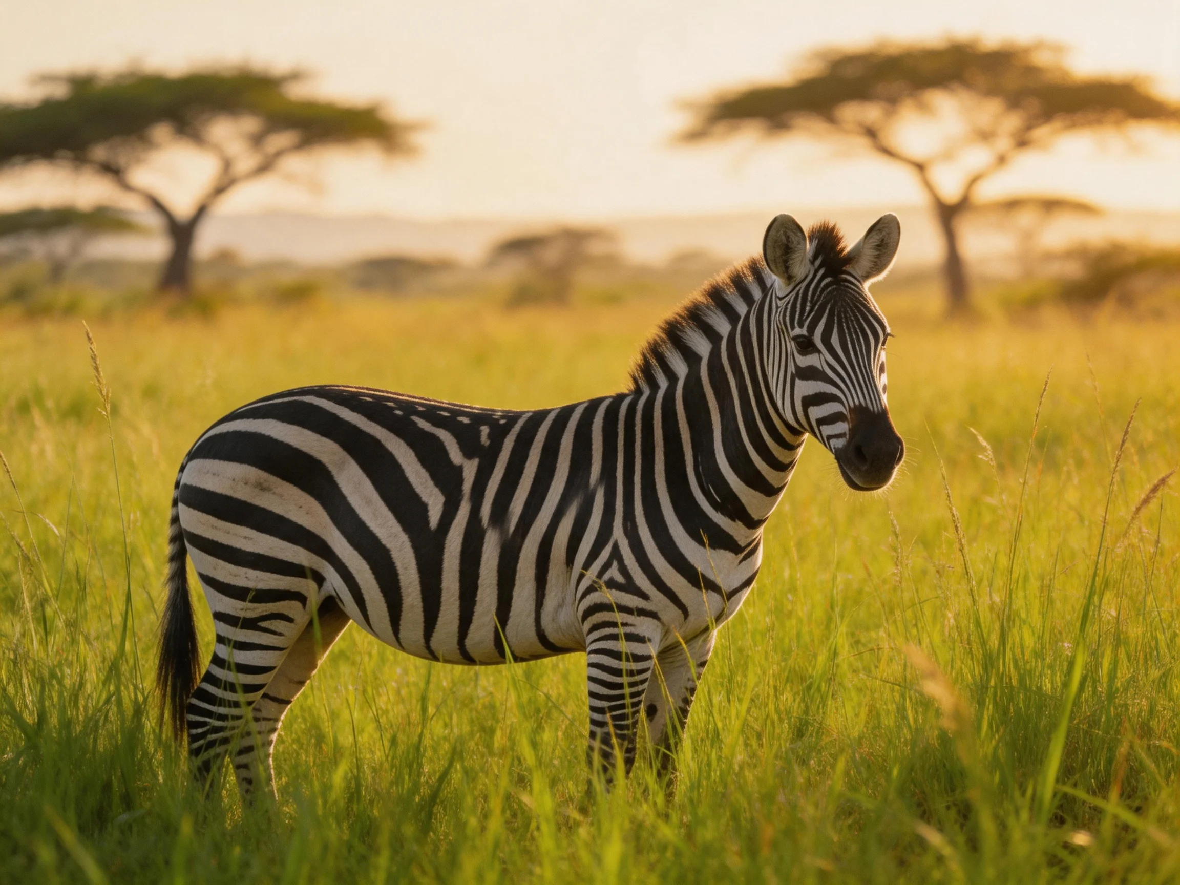 A zebra stands among tall green grass and acacia trees under golden light