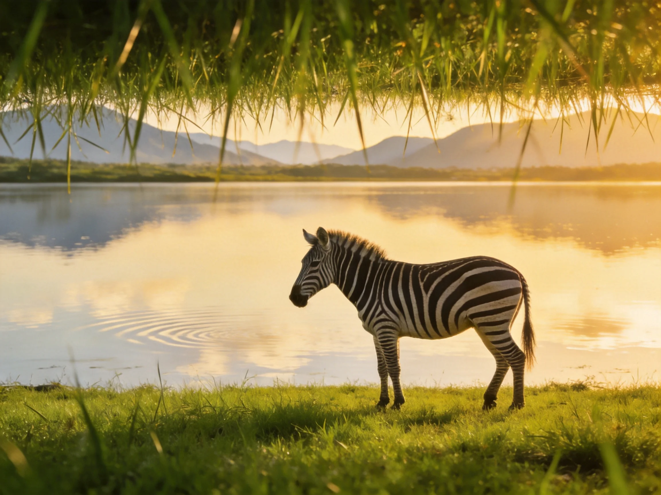 A zebra stands by a serene lake reflecting golden light with mountains in the distance