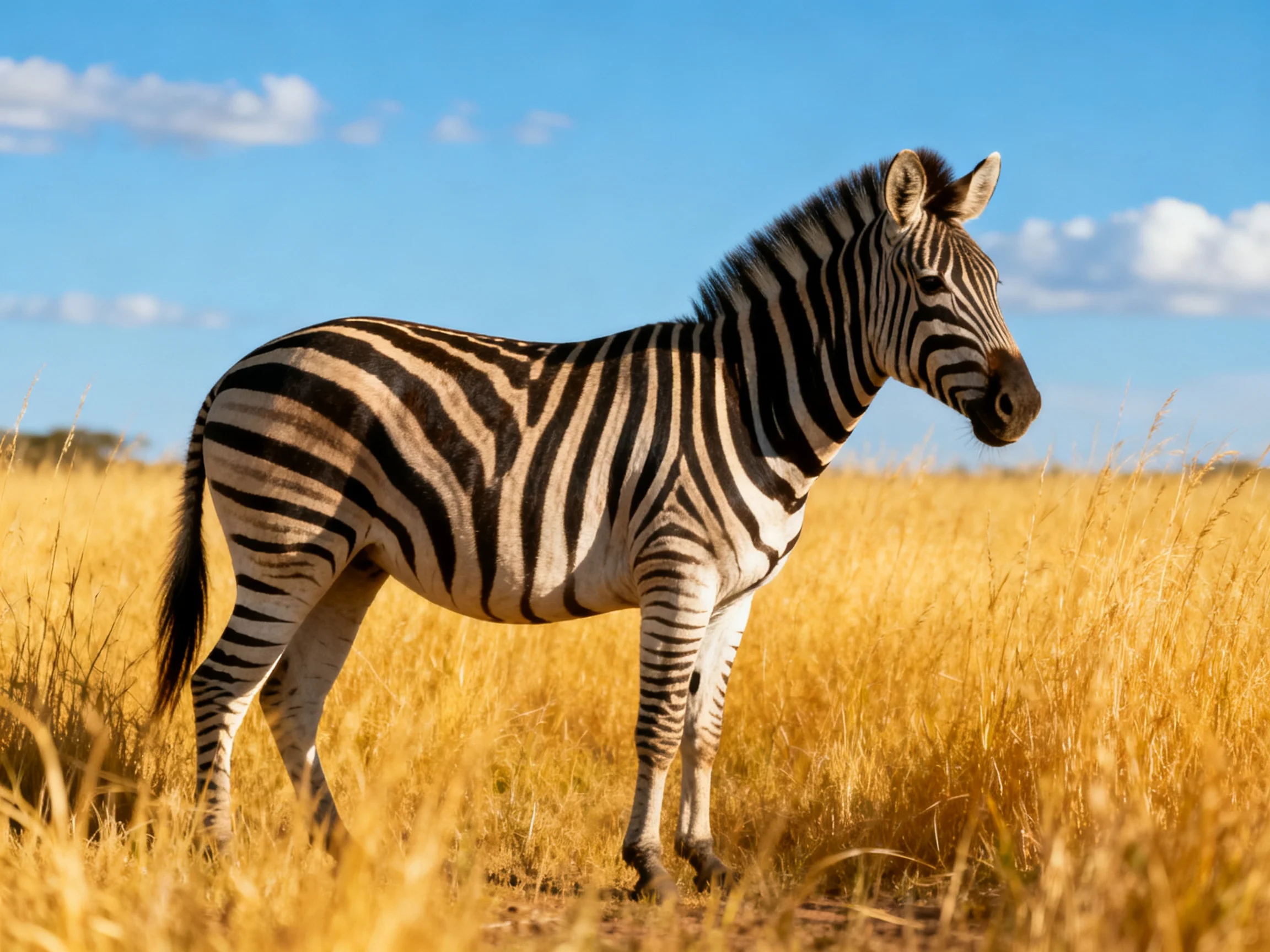 A zebra stands in a golden savannah with clear blue skies