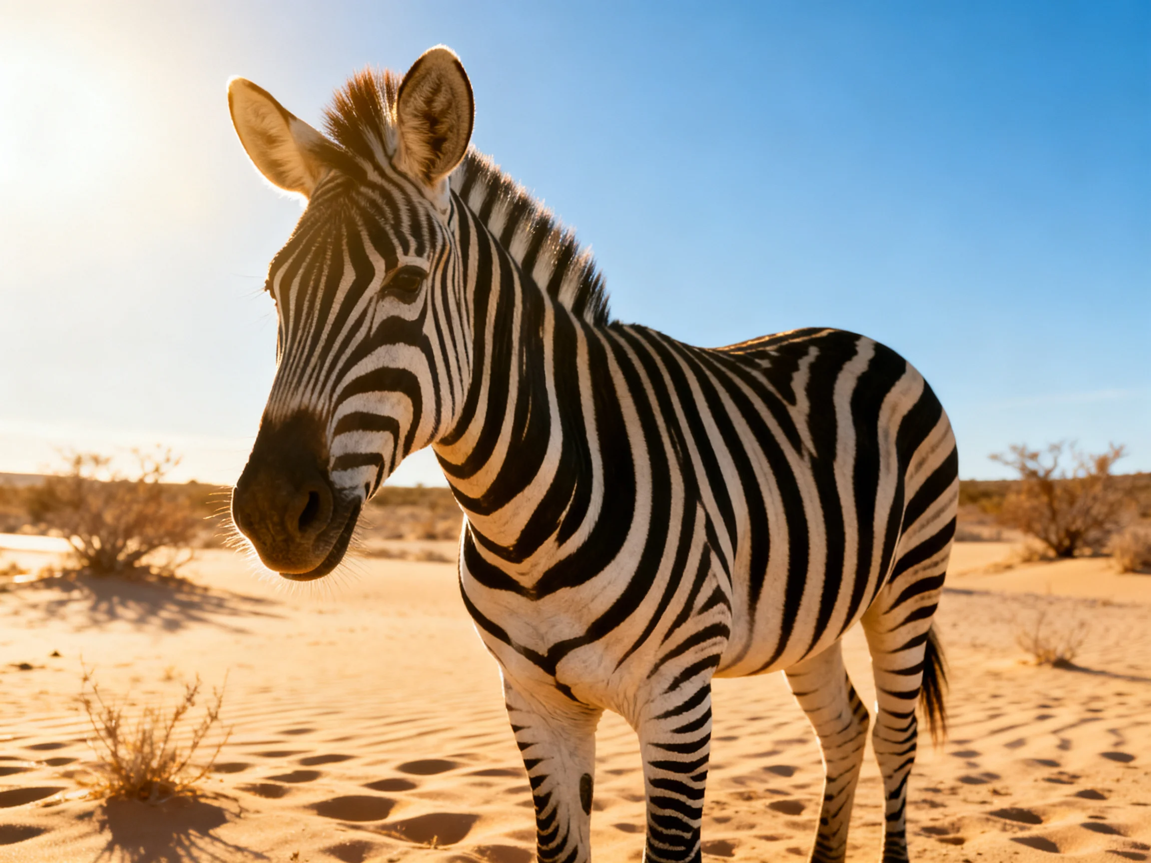A zebra stands in a sunlit sandy desert landscape