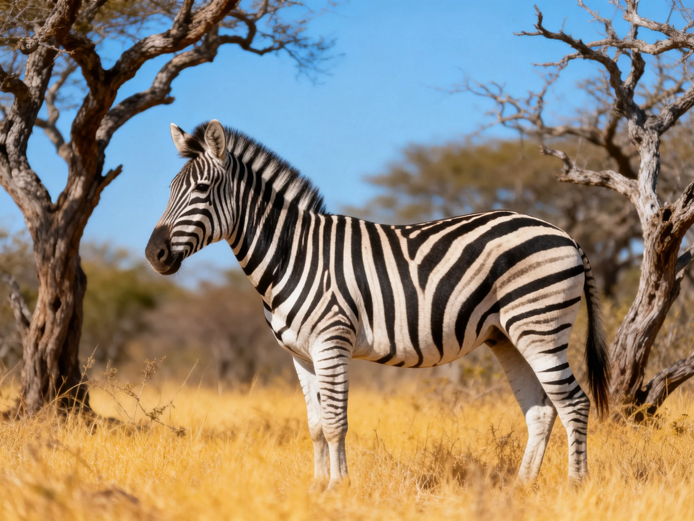 A zebra stands in golden savannah among twisted trees