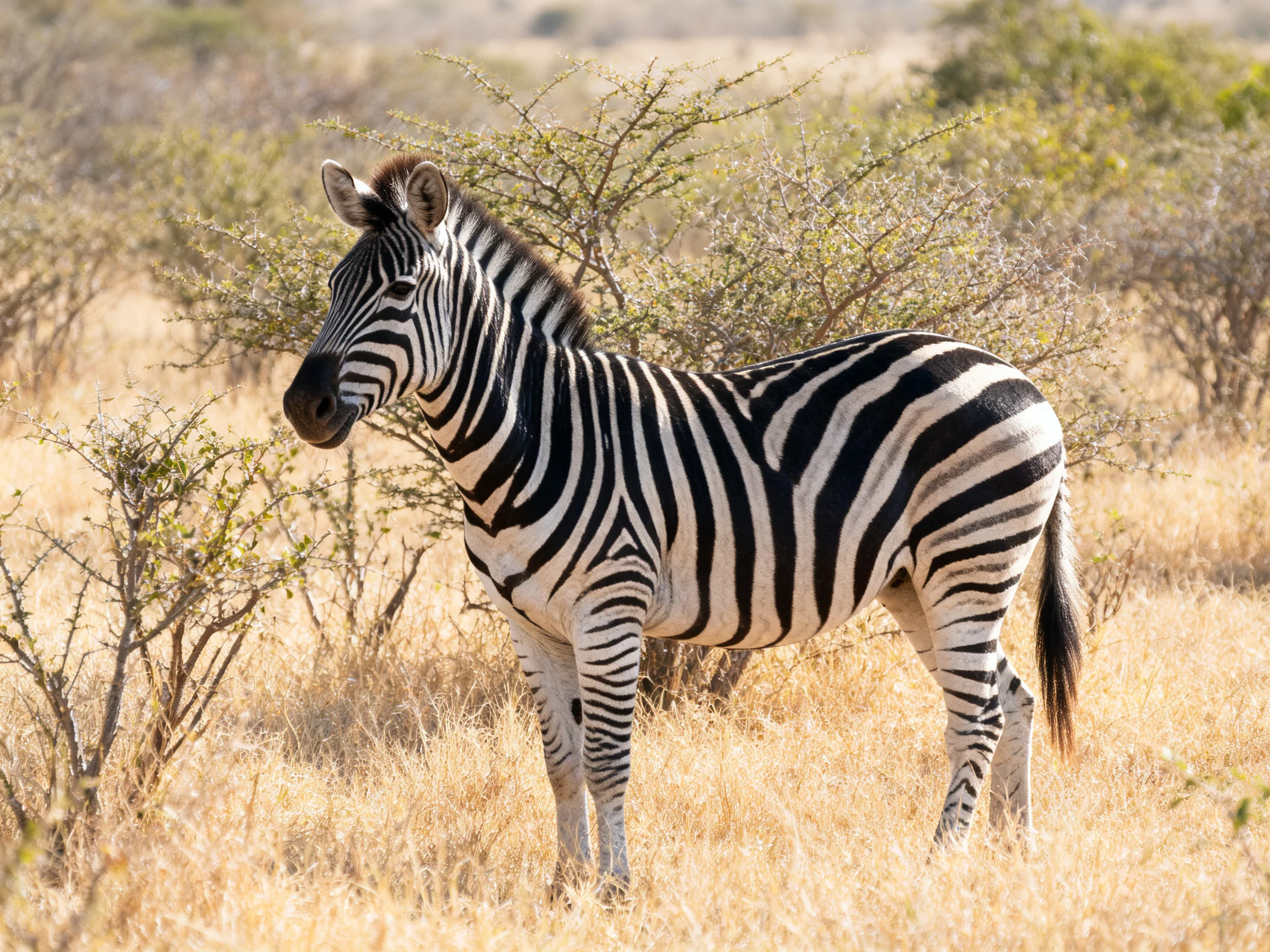 A zebra stands in golden savannah grass with sparse bushes