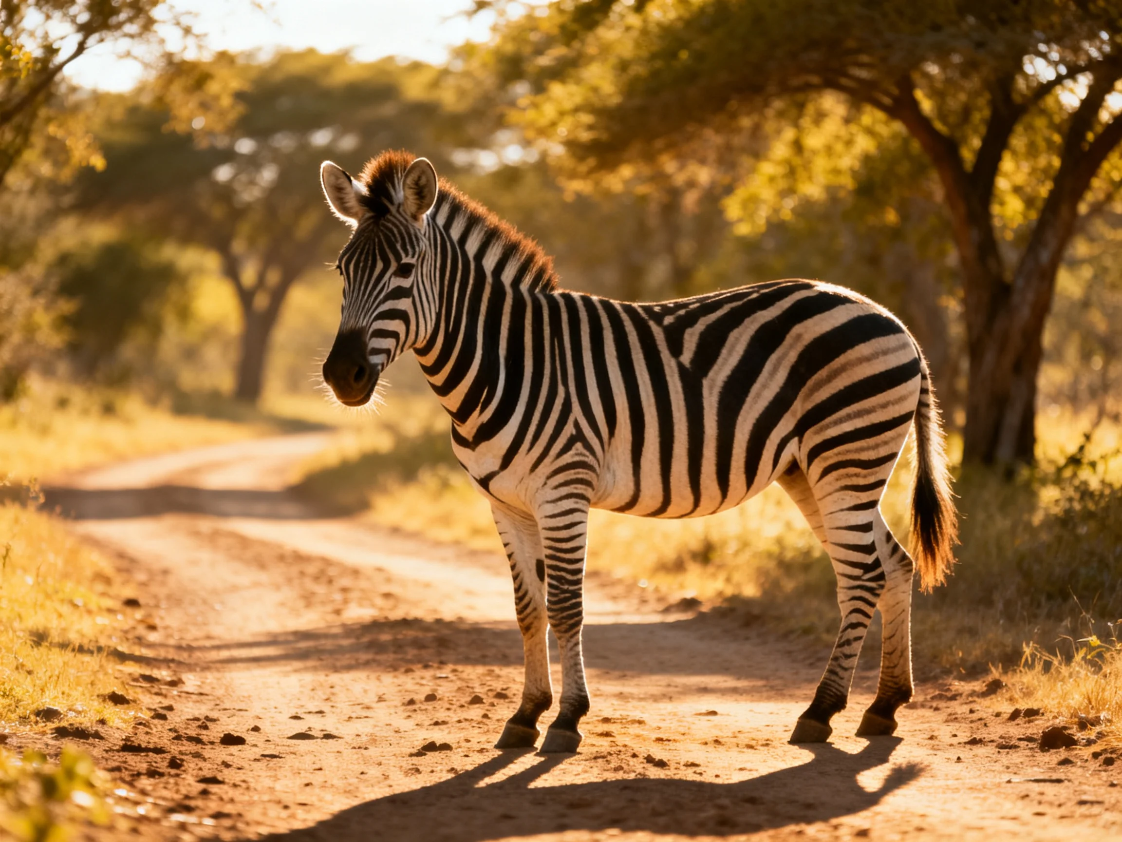 A zebra stands on a dusty path amidst golden savannah trees