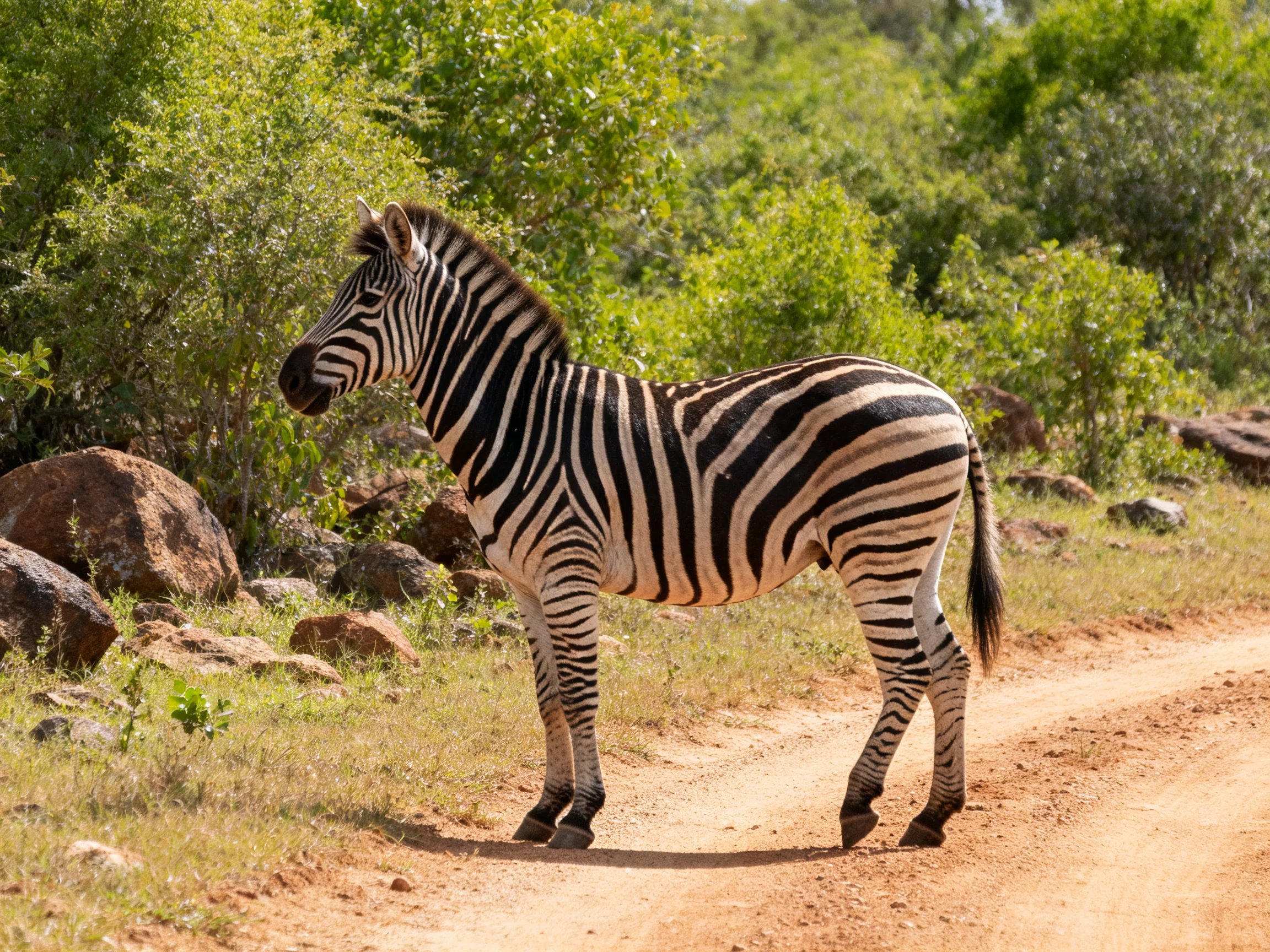 A zebra stands on a dusty path surrounded by green bushes and rocks