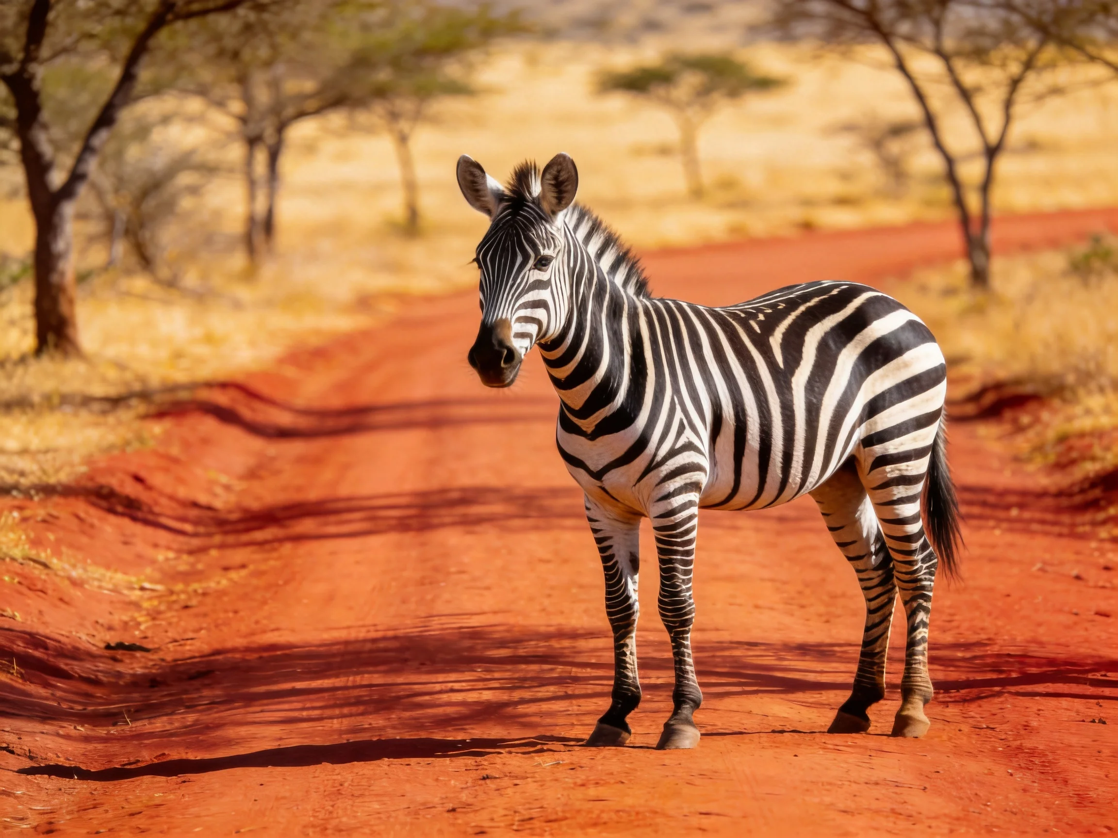 A zebra stands on a red dirt road in the savannah landscape
