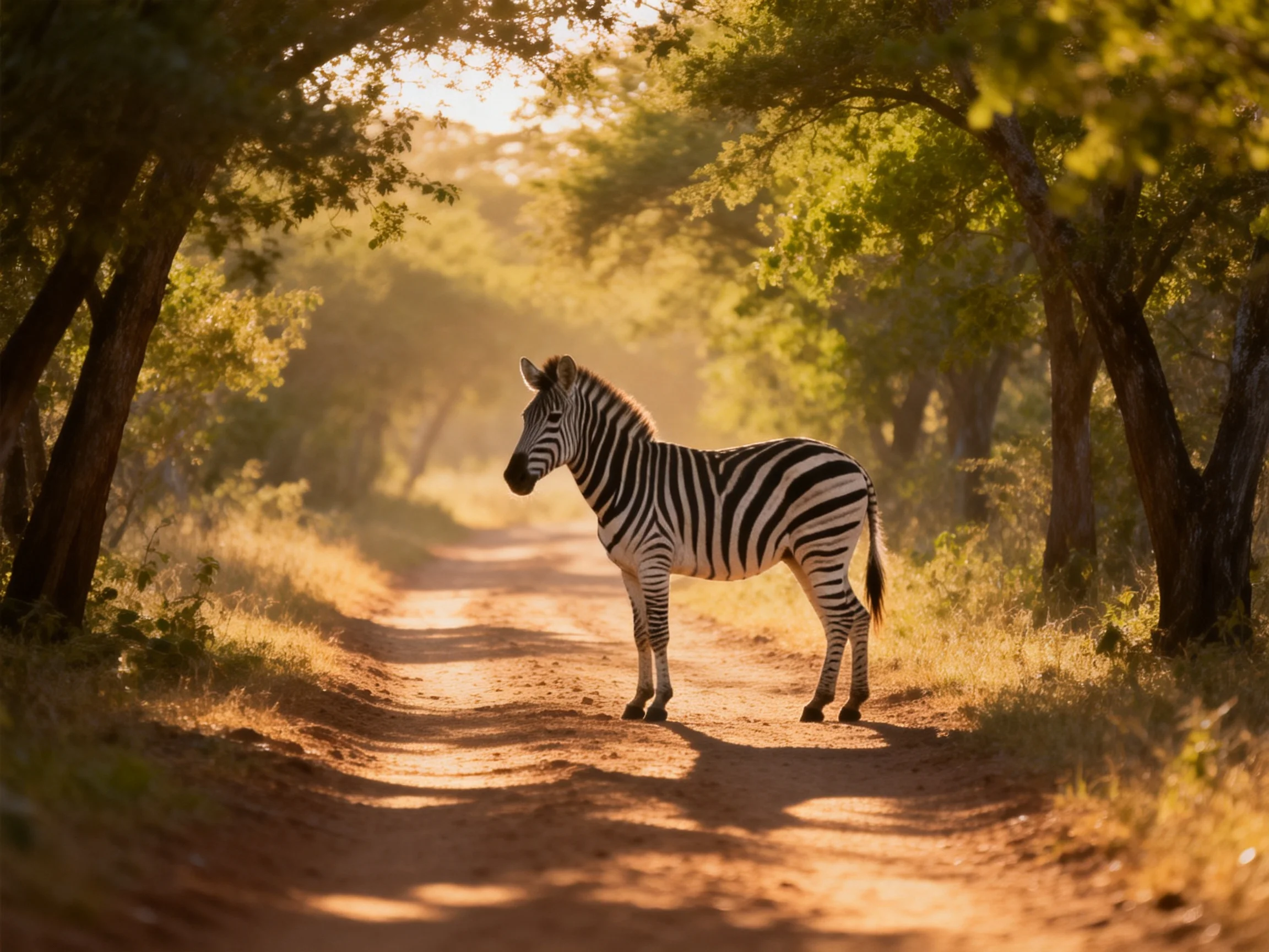 A zebra stands on a sunlit dirt path surrounded by green trees