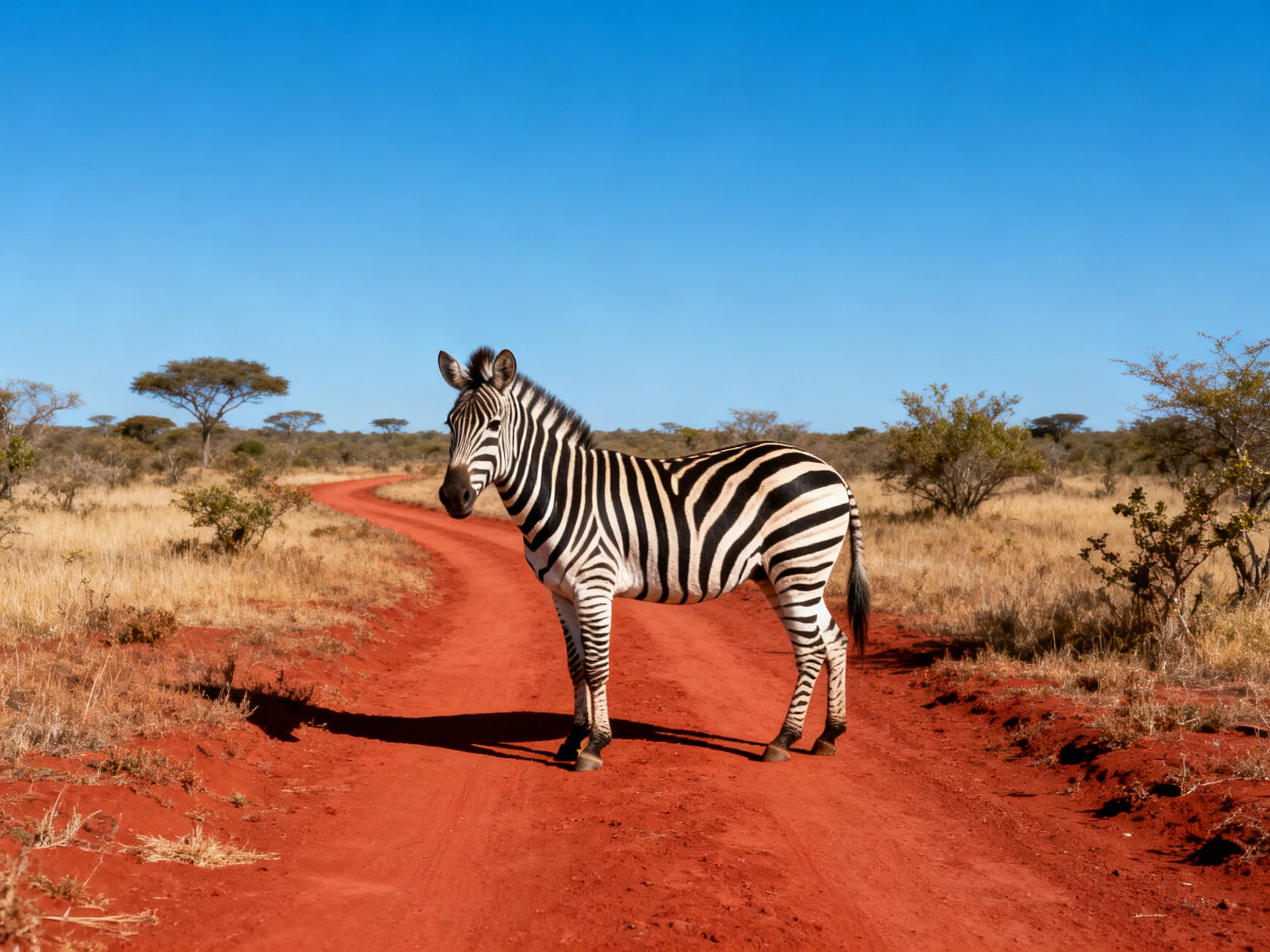 A zebra is on a red dirt road in a vast savannah.