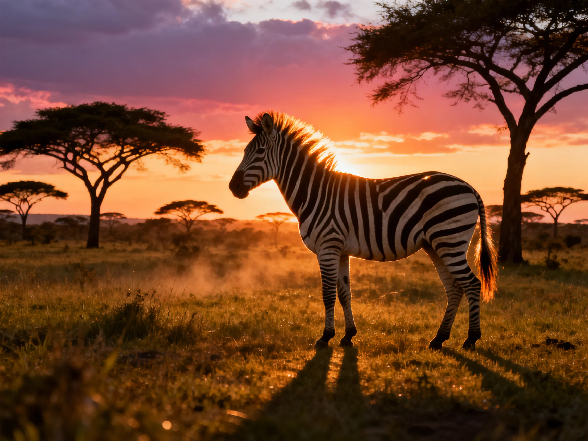 A zebra is silhouetted in a savannah landscape during a colorful sunset.