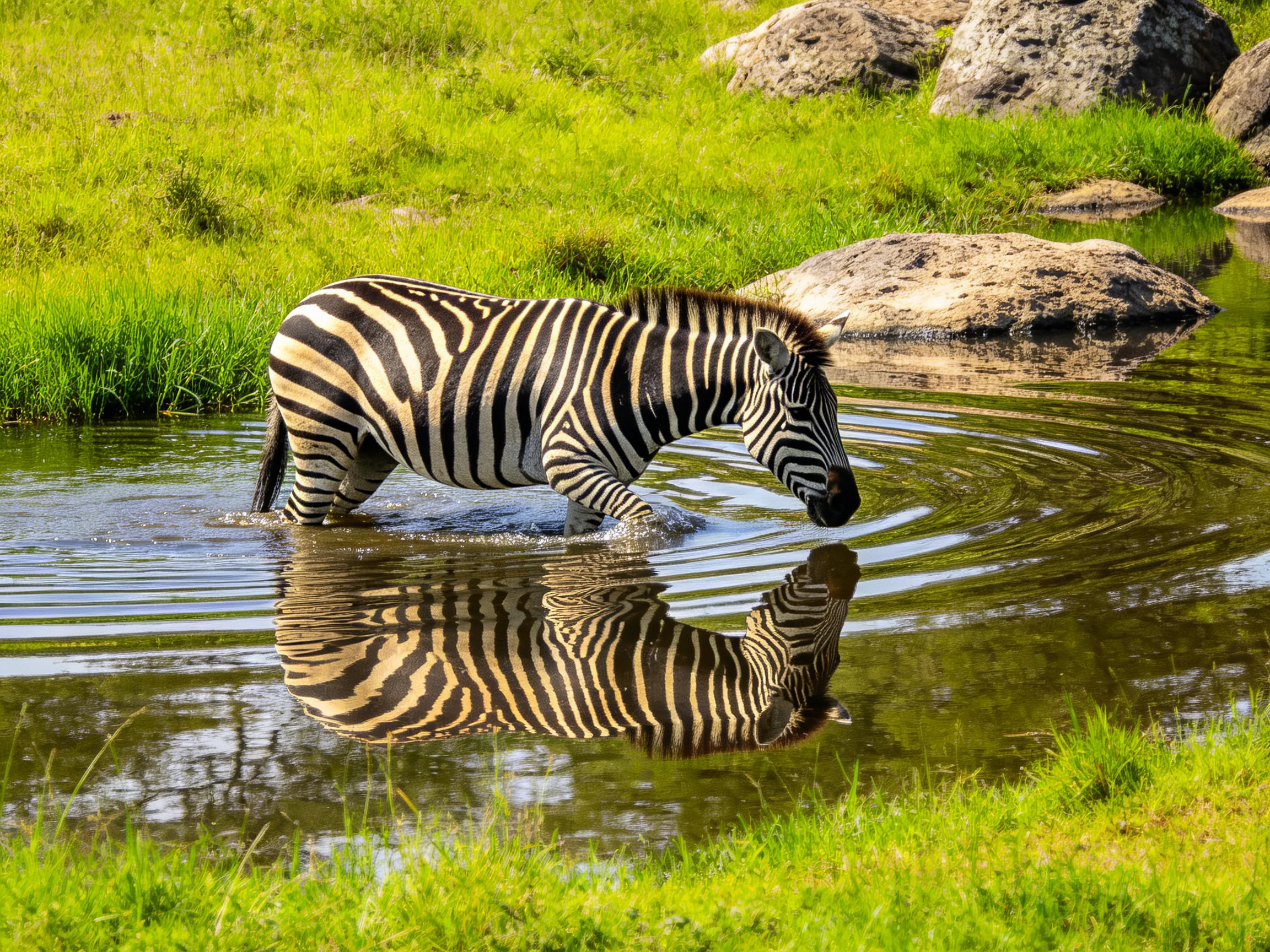 A zebra wades through calm water near lush green grass