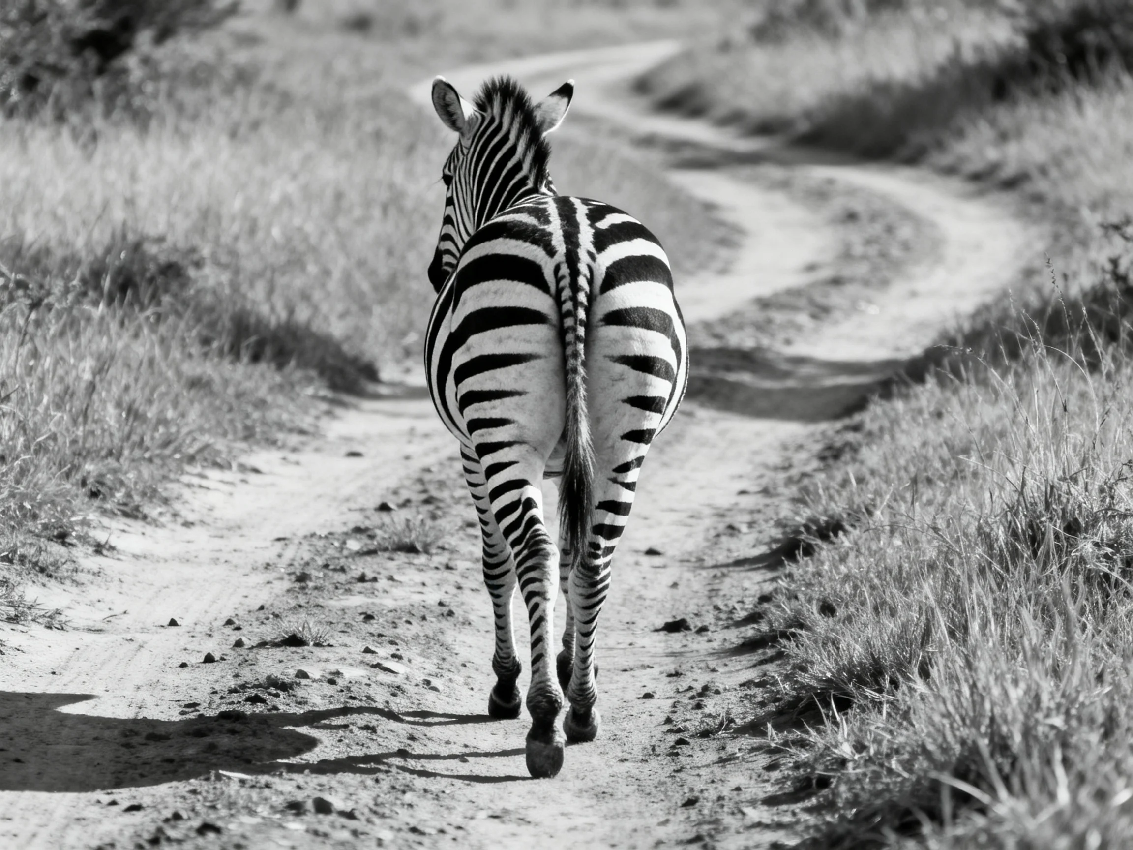 A zebra walking along a winding dirt path in open terrain