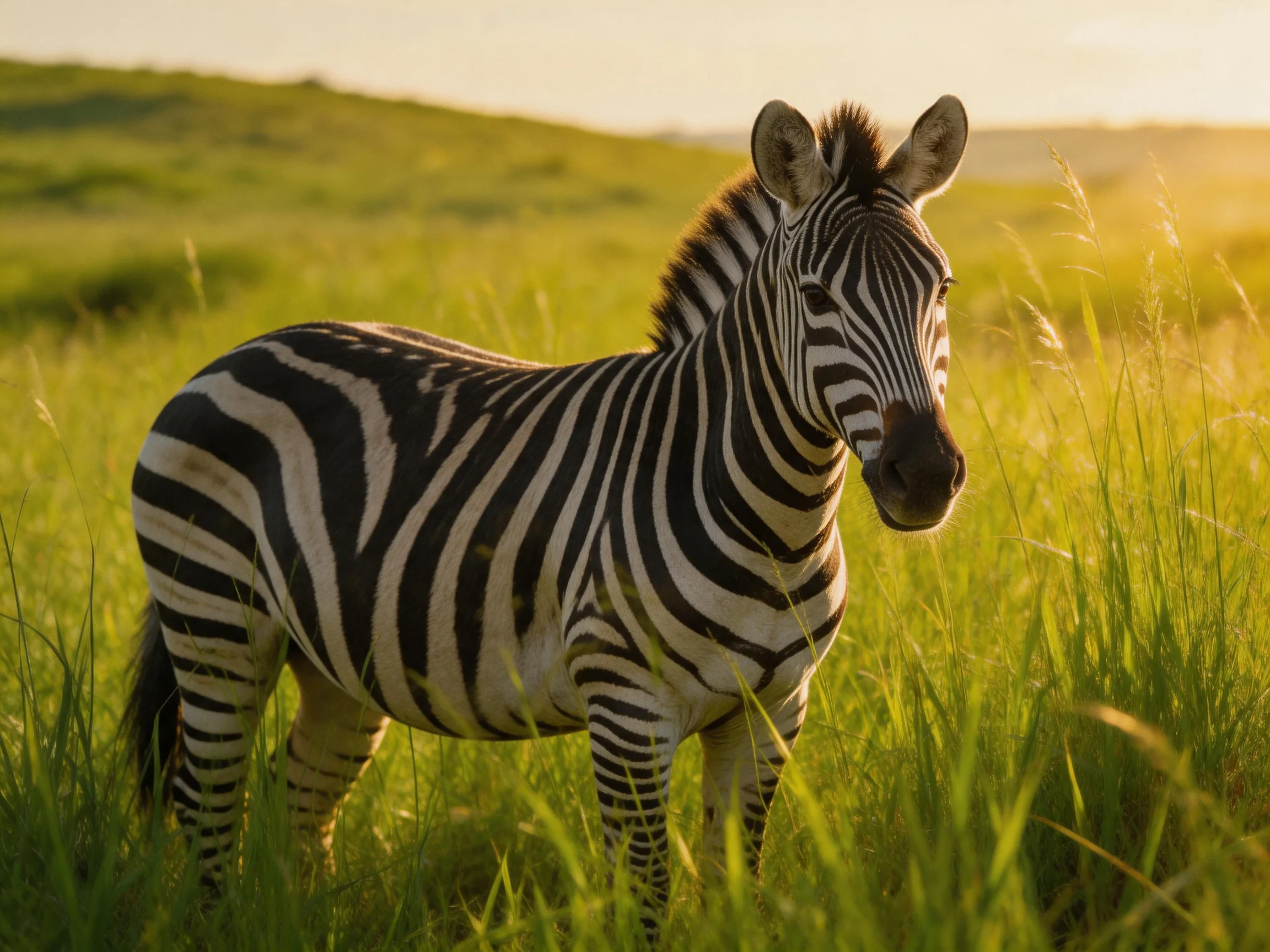 A zebra with black-and-white stripes in tall green grass under golden light