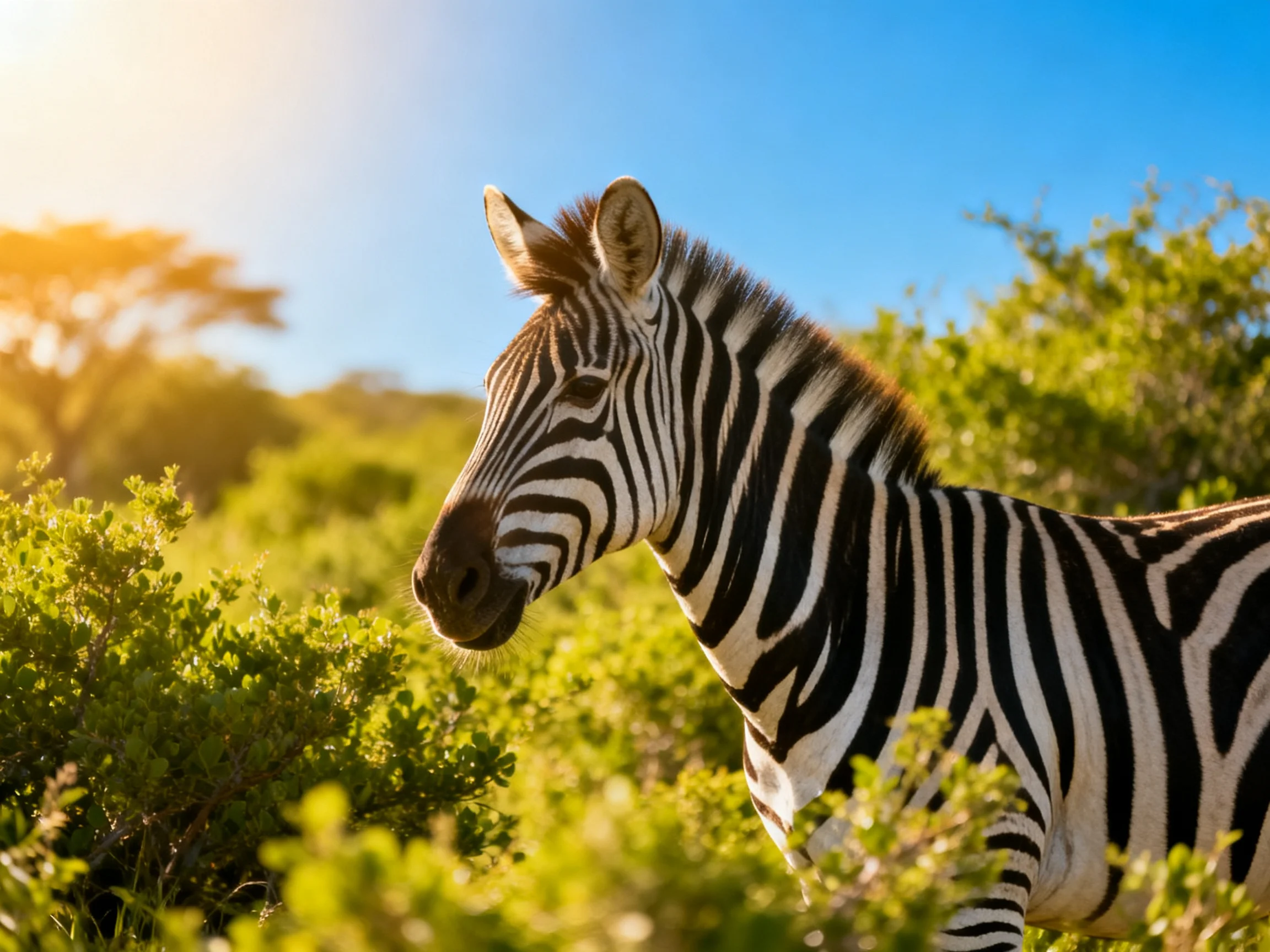 A zebra with bold black-and-white stripes amid lush green shrubs under sunny skies