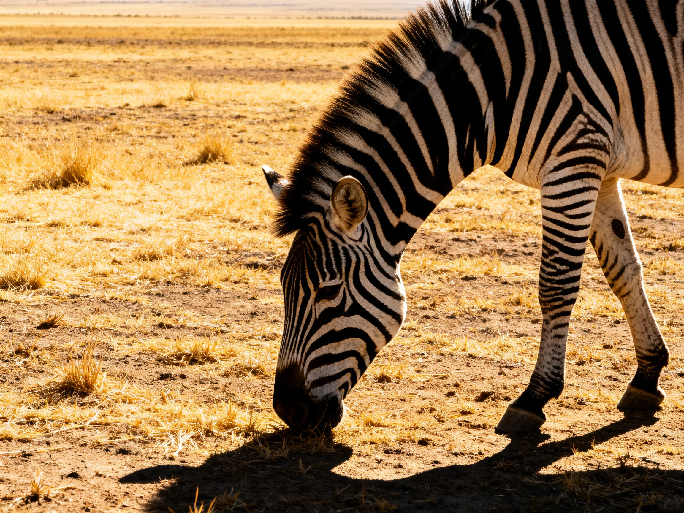A zebra with bold black-and-white stripes grazes in a golden savannah