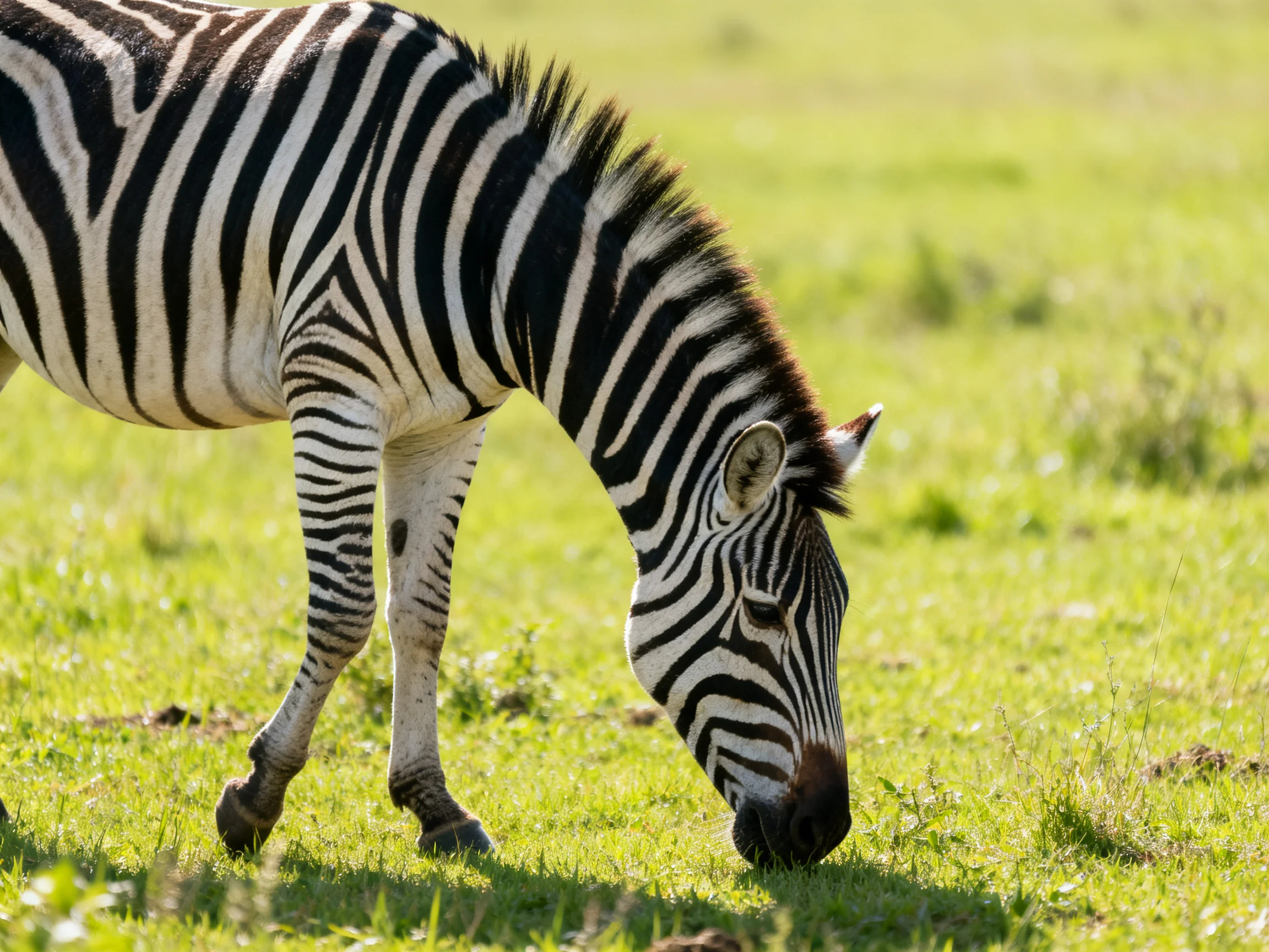 A zebra with bold black-and-white stripes grazes in a lush green meadow
