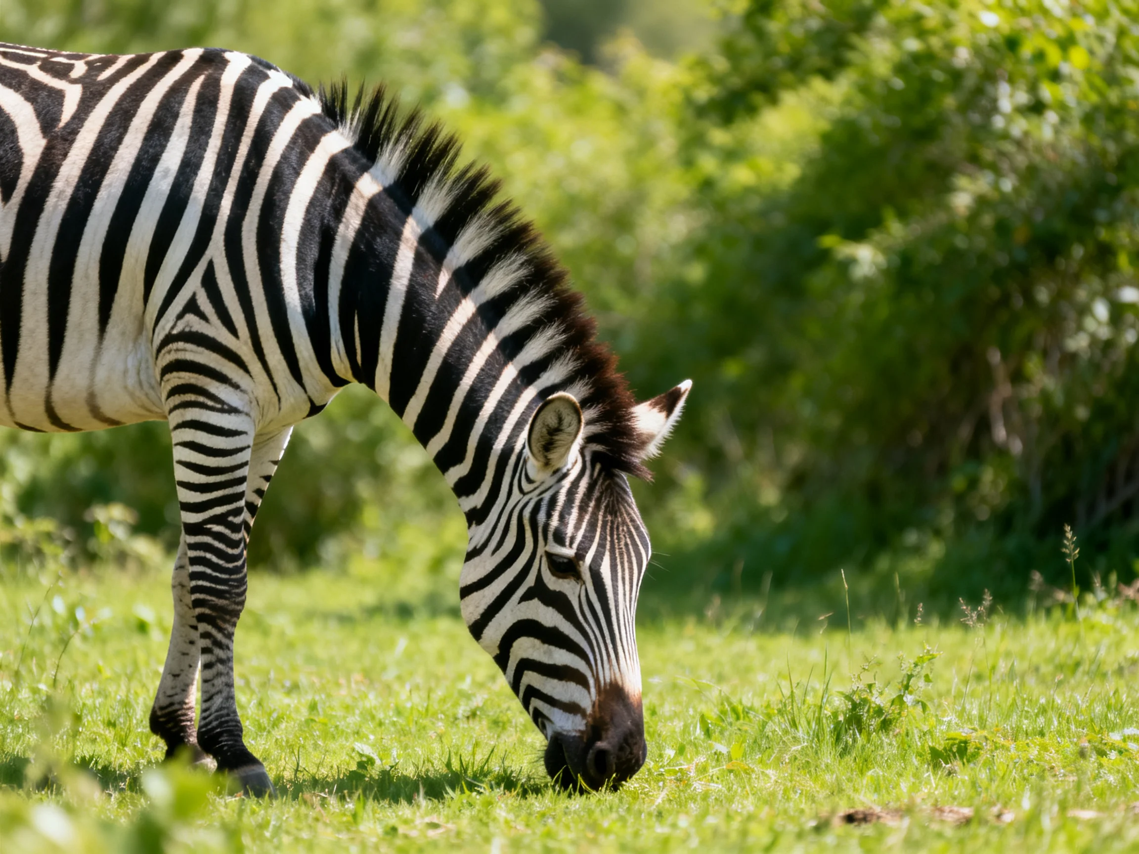 A zebra with bold black-and-white stripes grazes in lush green grass