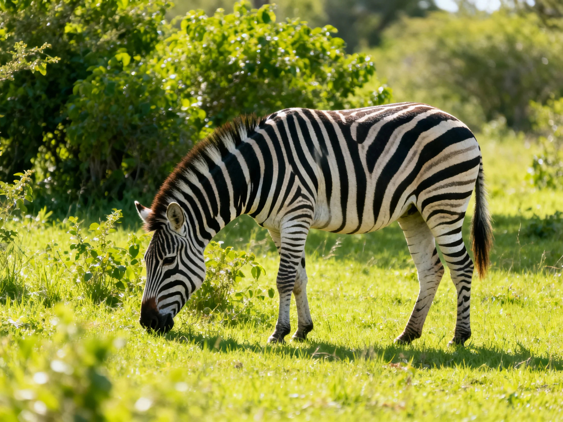 A zebra with bold black-and-white stripes grazing in lush greenery