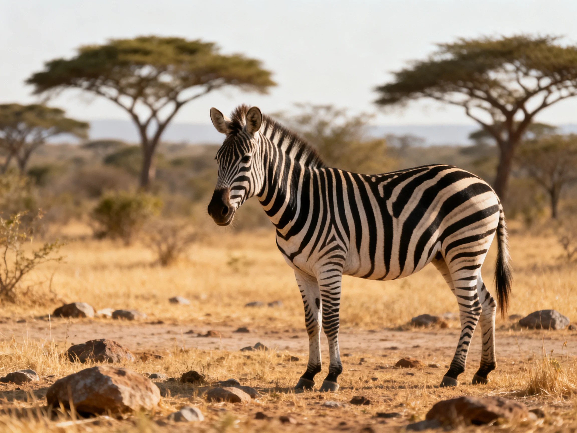 A zebra with bold black-and-white stripes in a dry savannah landscape