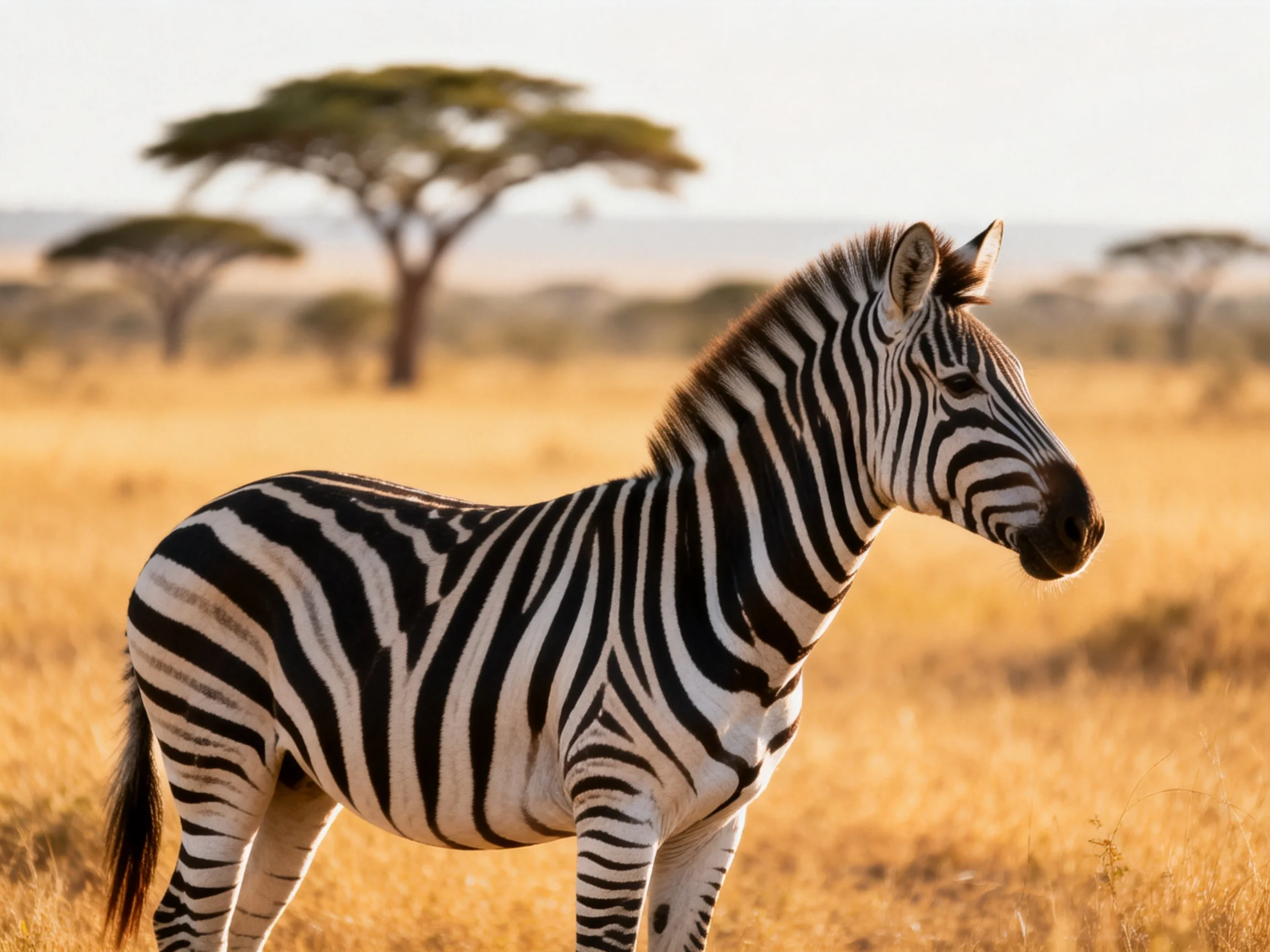 A zebra with bold black-and-white stripes in a golden savannah