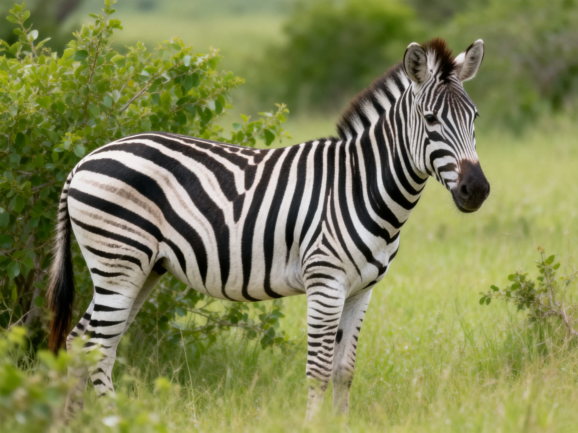 A zebra with bold black-and-white stripes in a lush green savannah