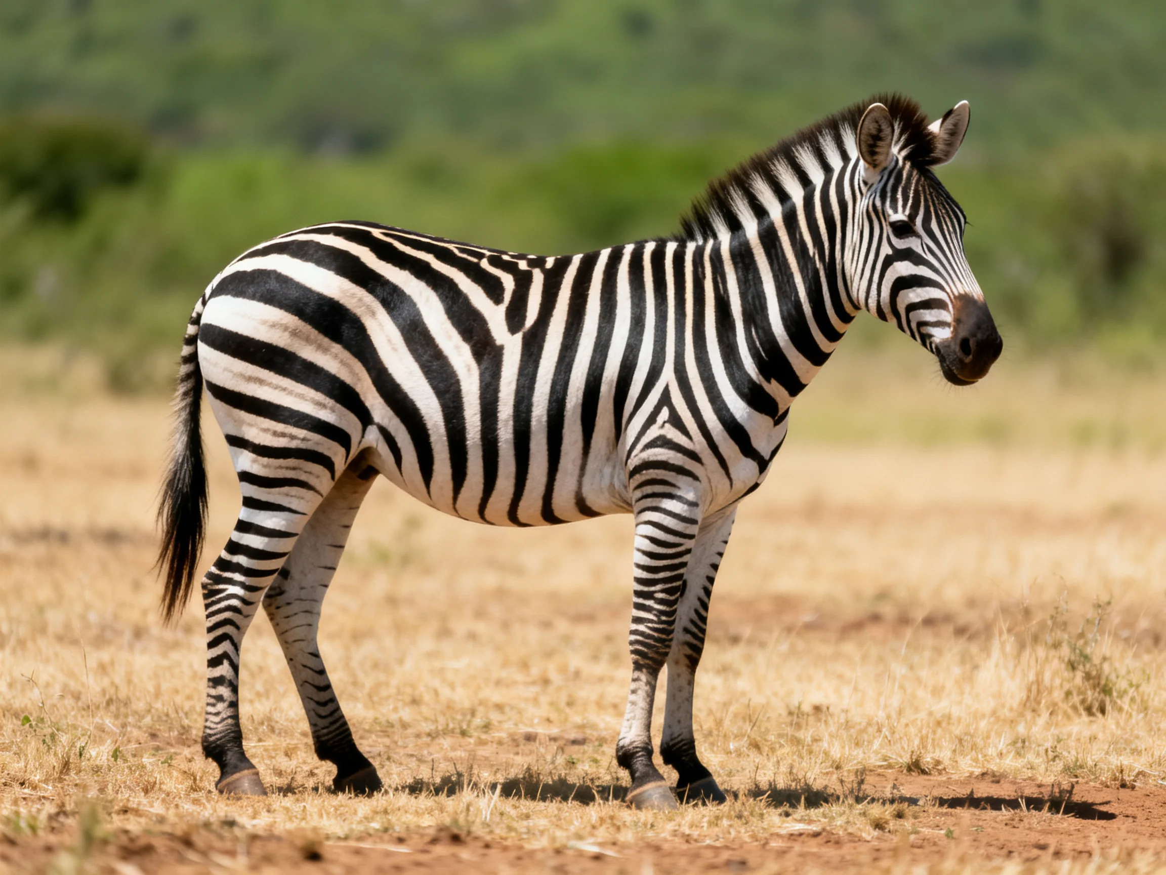 A zebra stands alone in a sunlit savannah field with greenery in the distance.