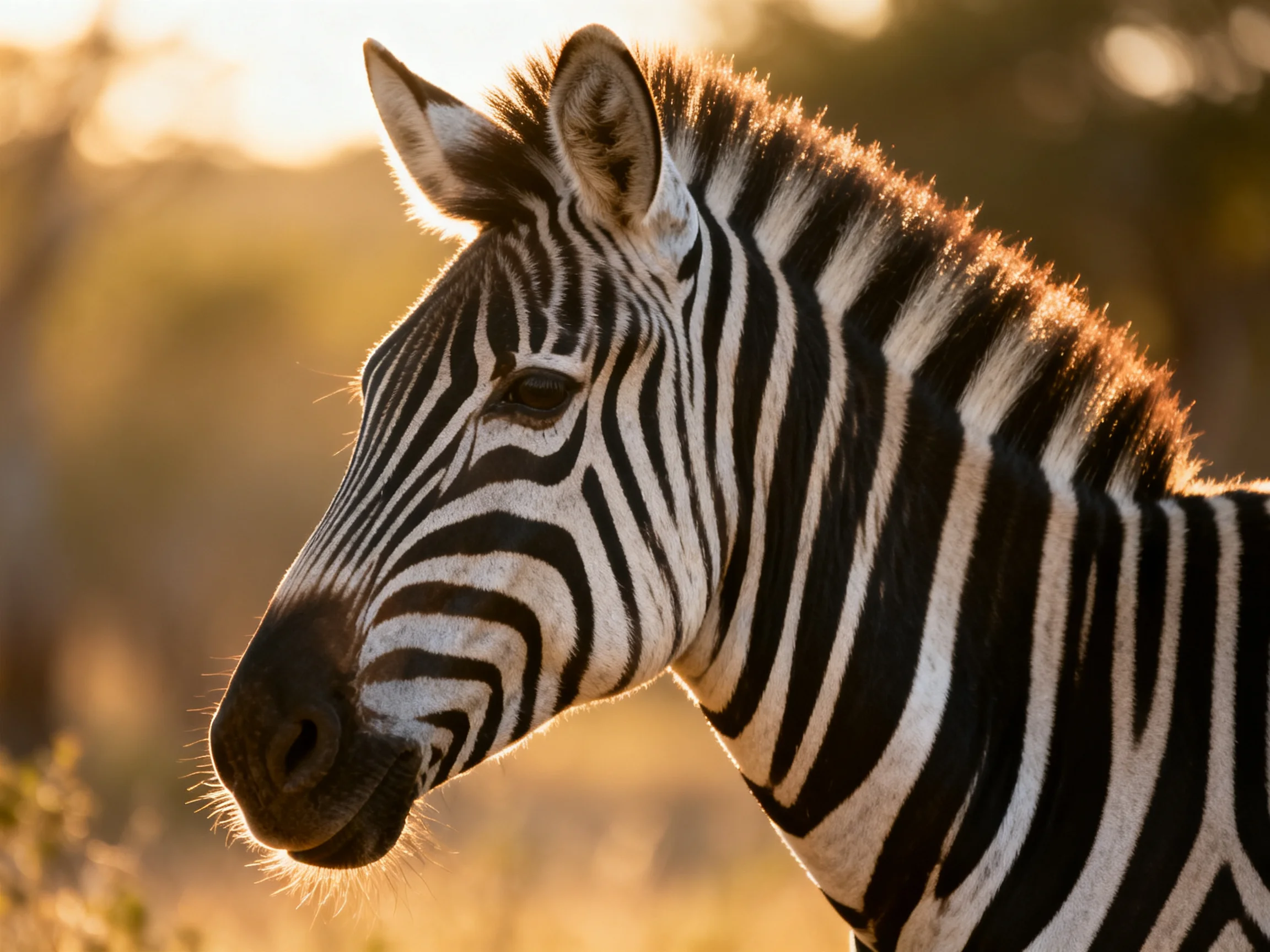 A zebra with striking black and white stripes is shown in a sunlit natural setting.