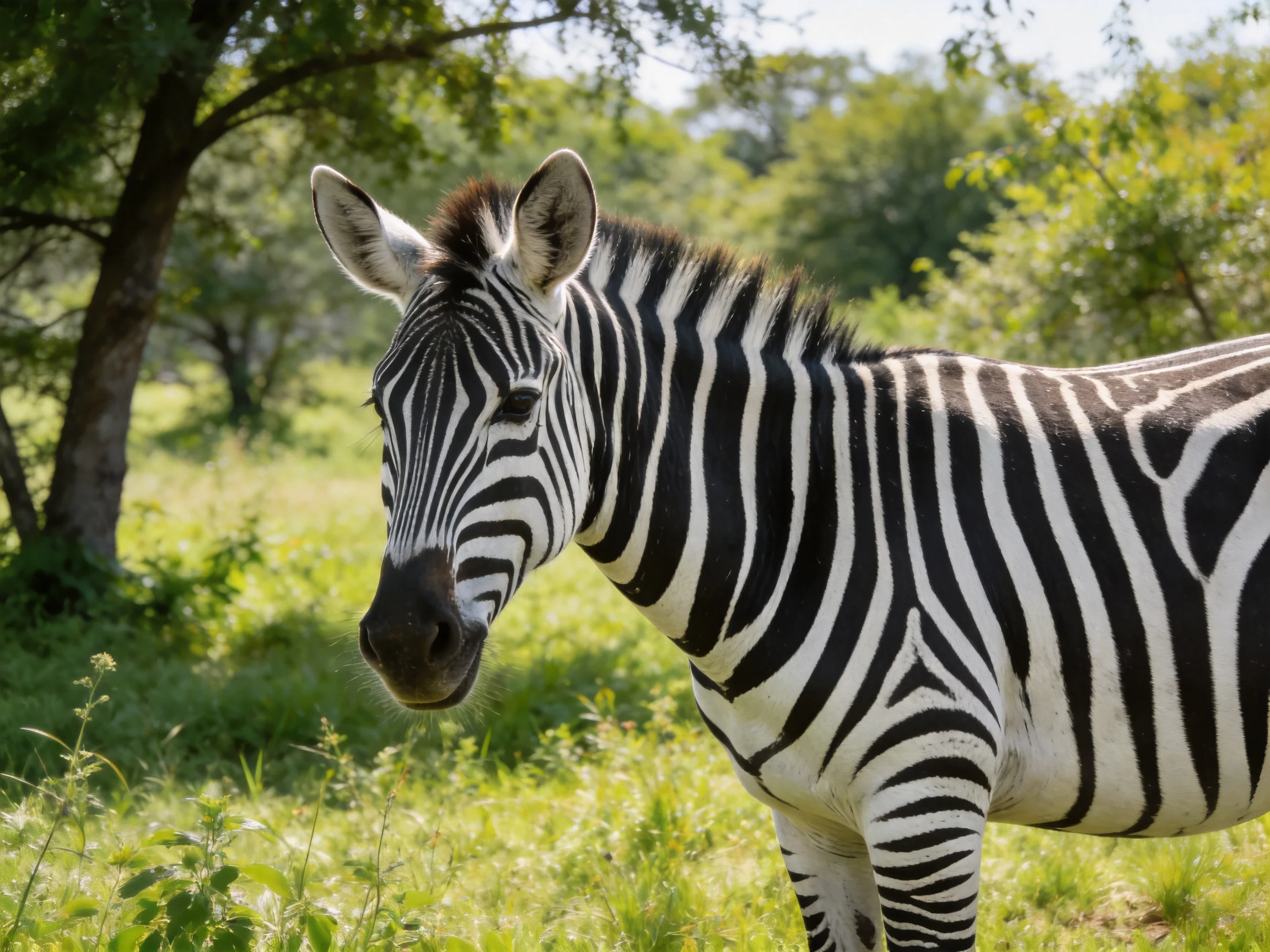 A zebra with bold black-and-white stripes in a sunlit savannah