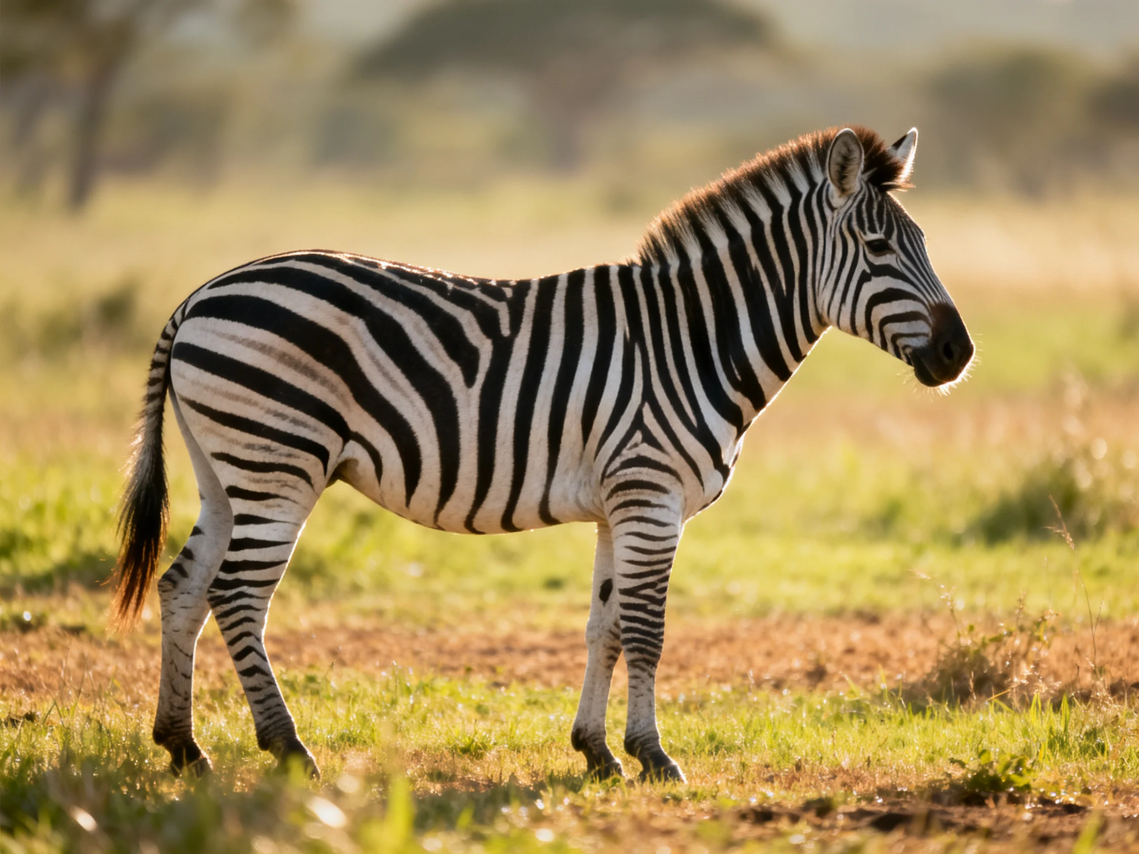 A zebra stands in a sunlit savannah field.