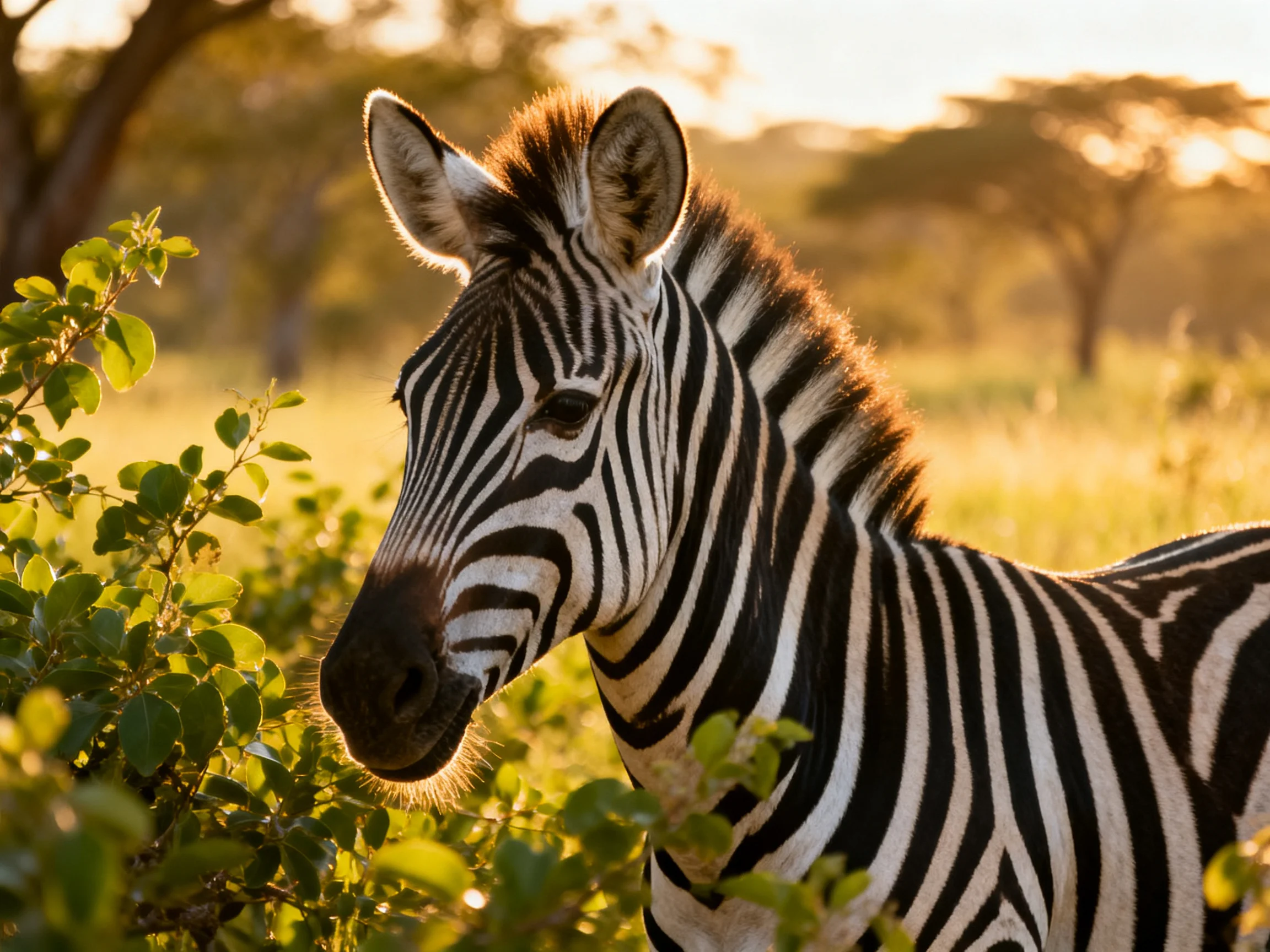 A zebra with bold black-and-white stripes in sunlit savannah