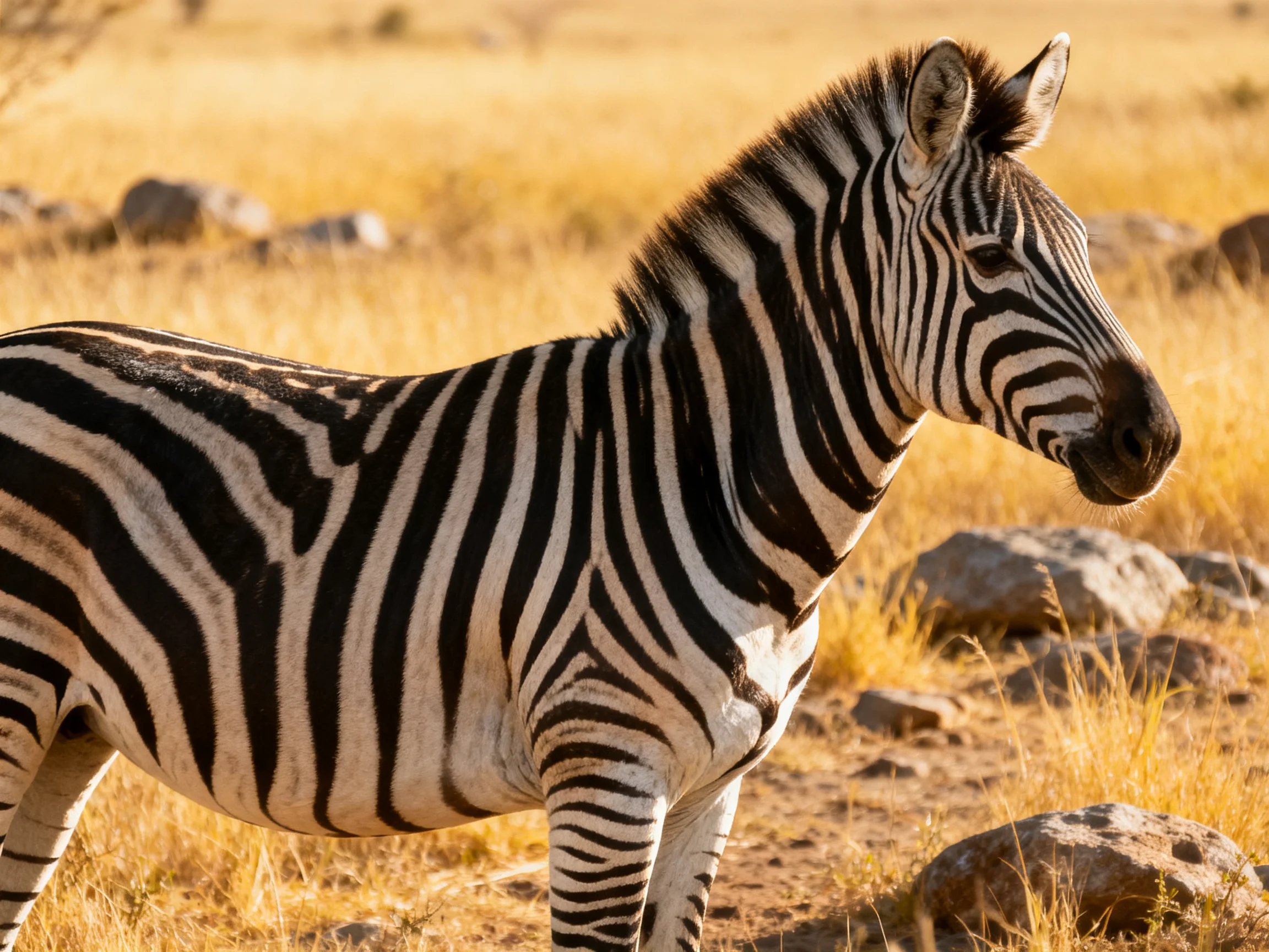 A zebra with bold black-and-white stripes in sunlit savannah terrain